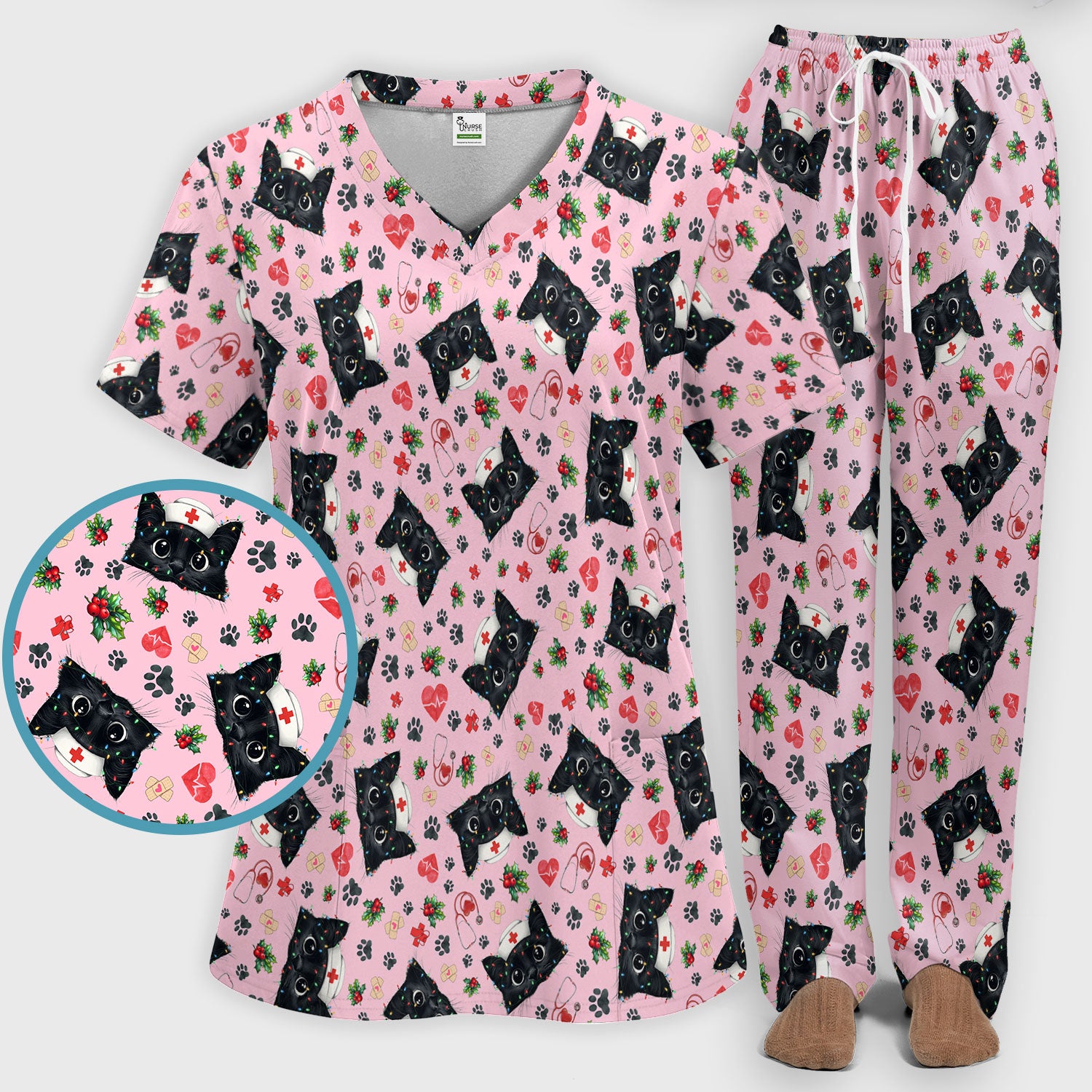 Funny Cats Scrub Set for Nurses - Black Kittens Christmas Scrubs Pants and V Neck Top - Jolly Medical Uniform Gift for RN CNA LPN