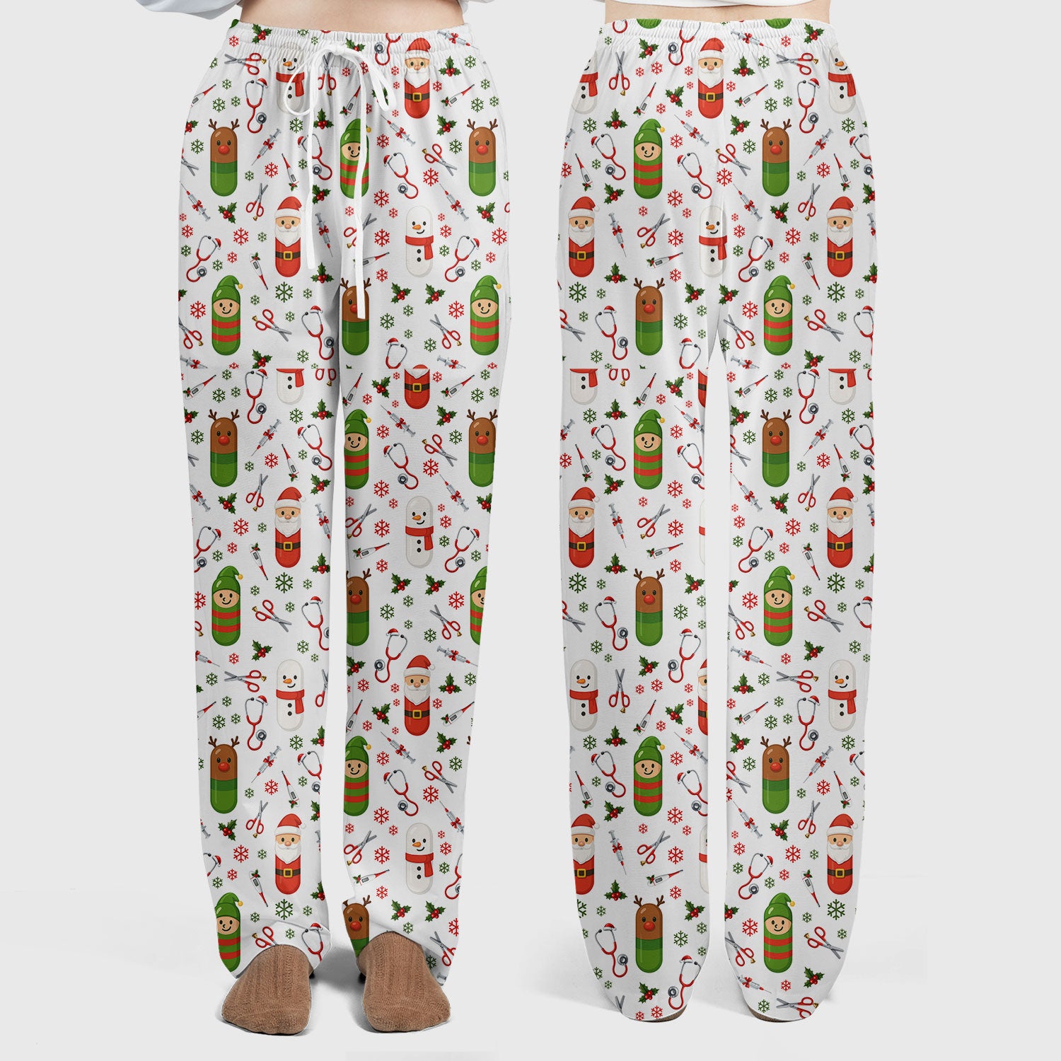 Santa Christmas Scrubs Set - Cute Holiday Pattern with Reindeer and Snowman - Fun Medical Scrub Top and Pants for Women Nurses