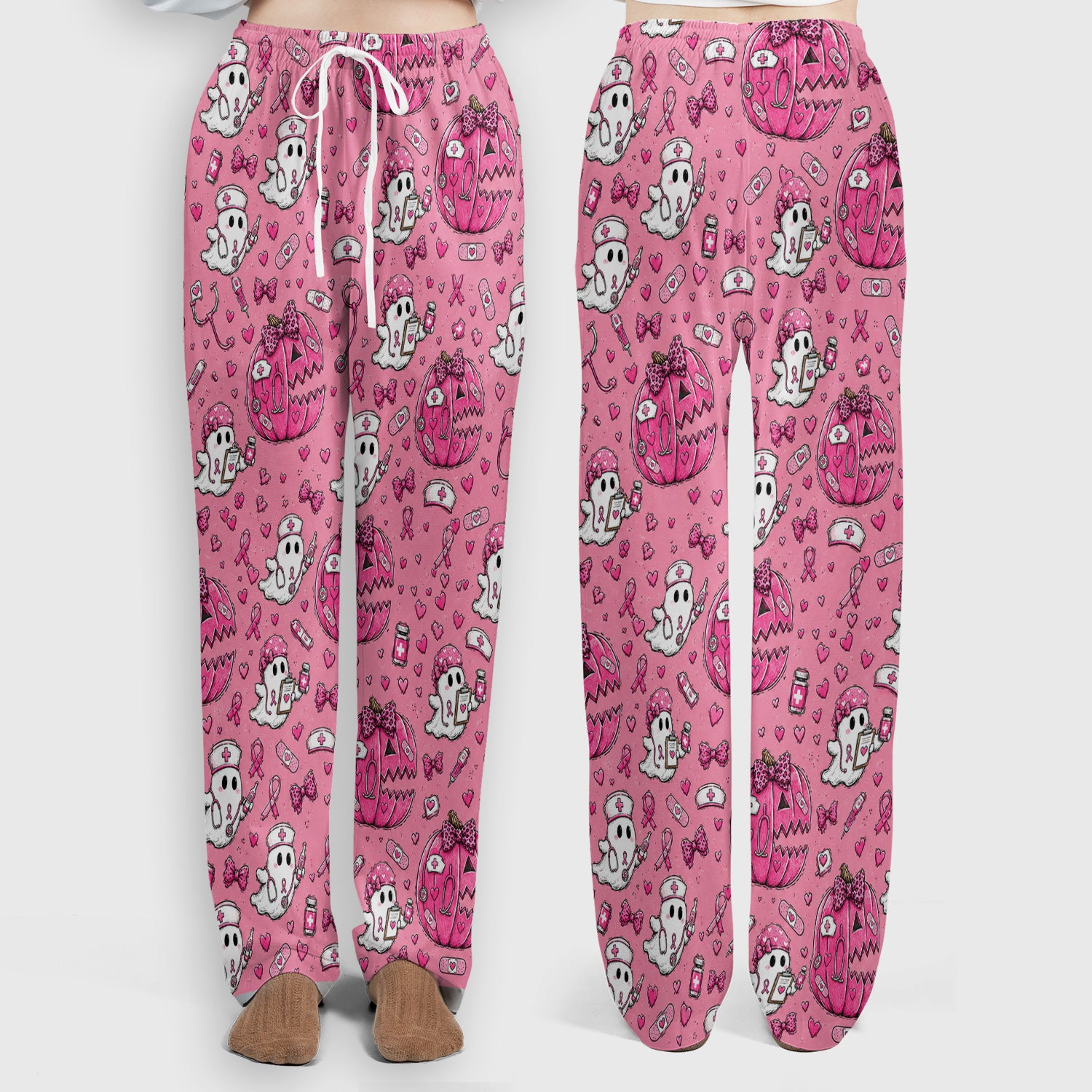 Pink Ribbon Ghost Pattern Scrub Set, Scrub Pants and V Neck Top