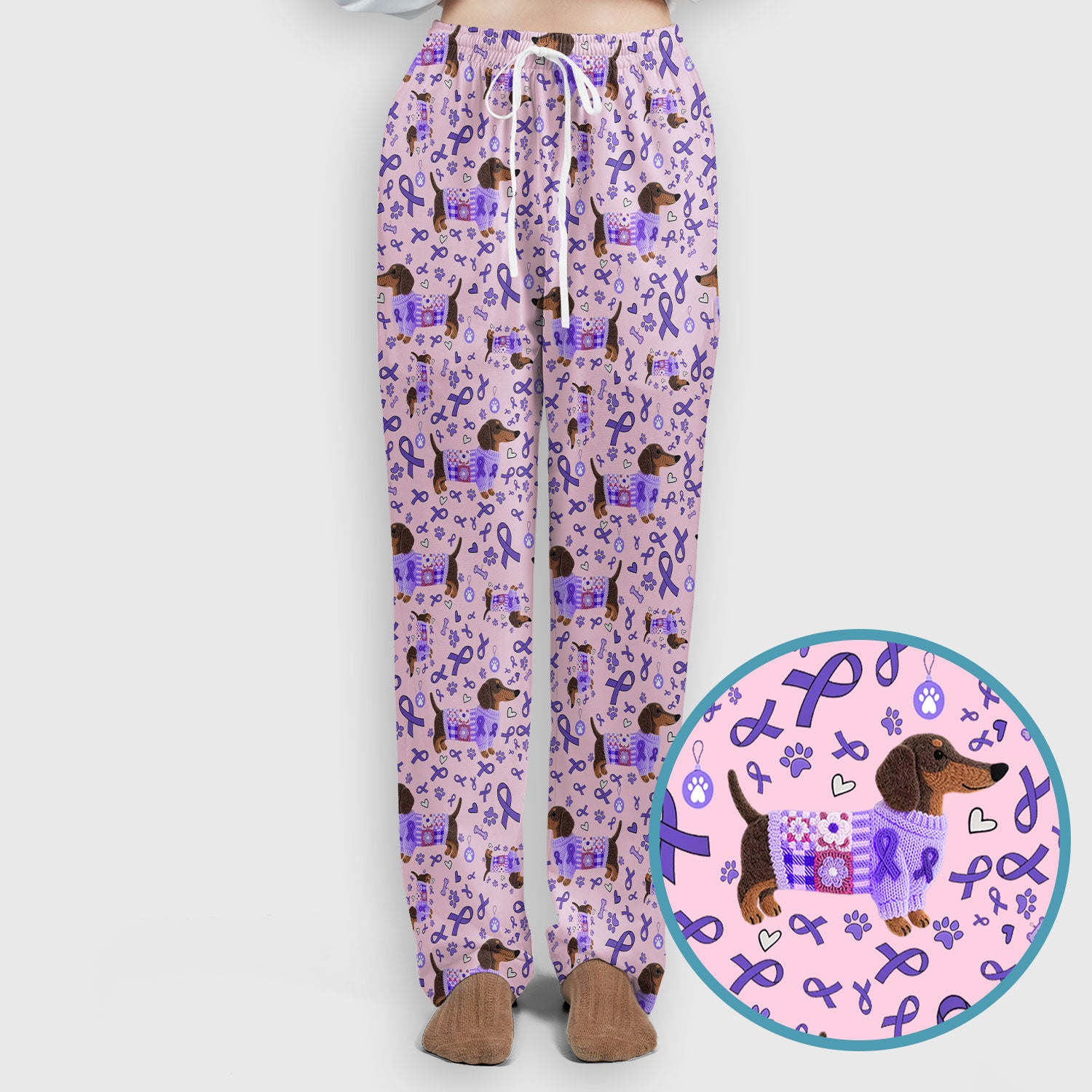 Purple Ribbon Dachshund Scrub Sets - Cute Awareness Dog Paw Prints Scrub Pants and V Neck Top - Support Lupus Cancer Med Uniform