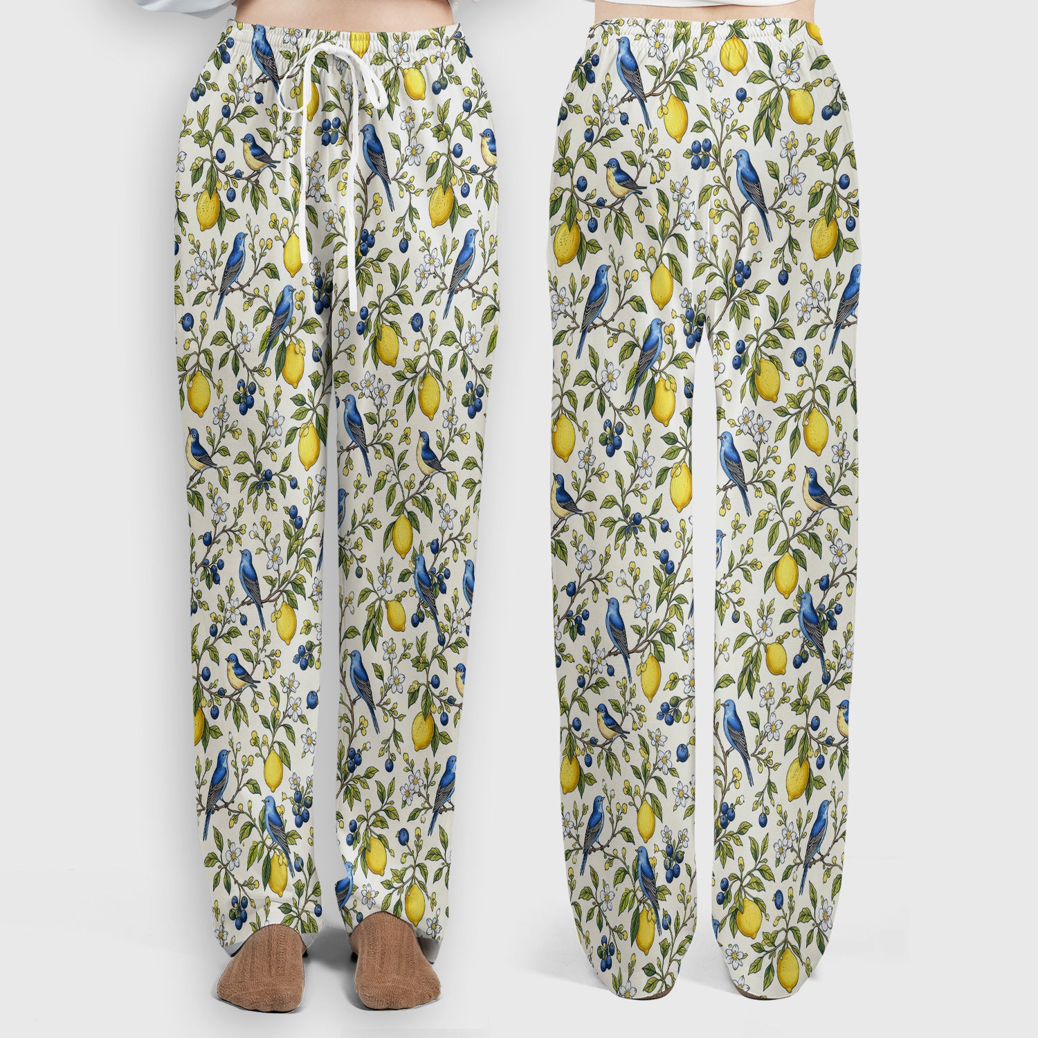 Bluebird Lemon Blossom Pattern Scrub Set, Scrub Pants and V Neck Top