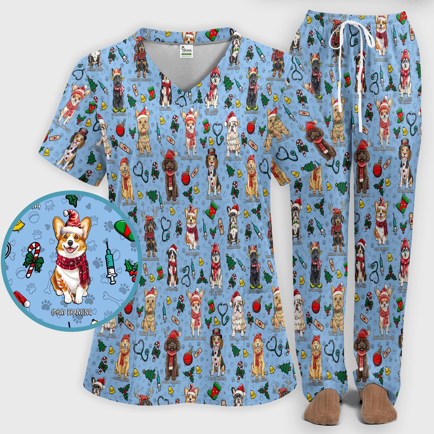 Christmas Dog Scrub Set for Nurses - Dachshund, Husky, Poodle, Corgi & Labrador Holiday Scrub Top and Pants - Funny Santa Medical Shirt