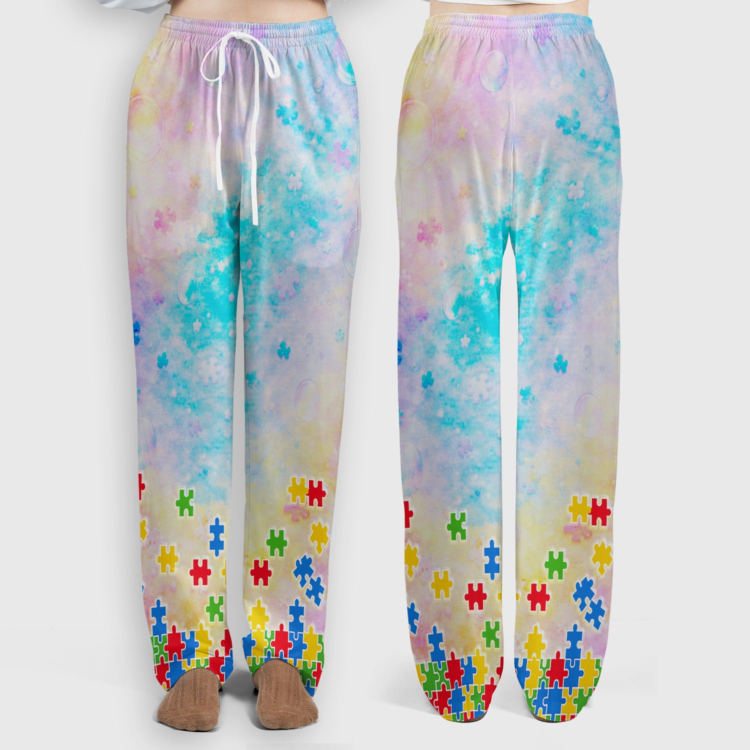 Personalized Inspirational Autism Awareness Nurse Puzzle Ribbon Pattern Scrub Set, Scrub Pants and V Neck Top