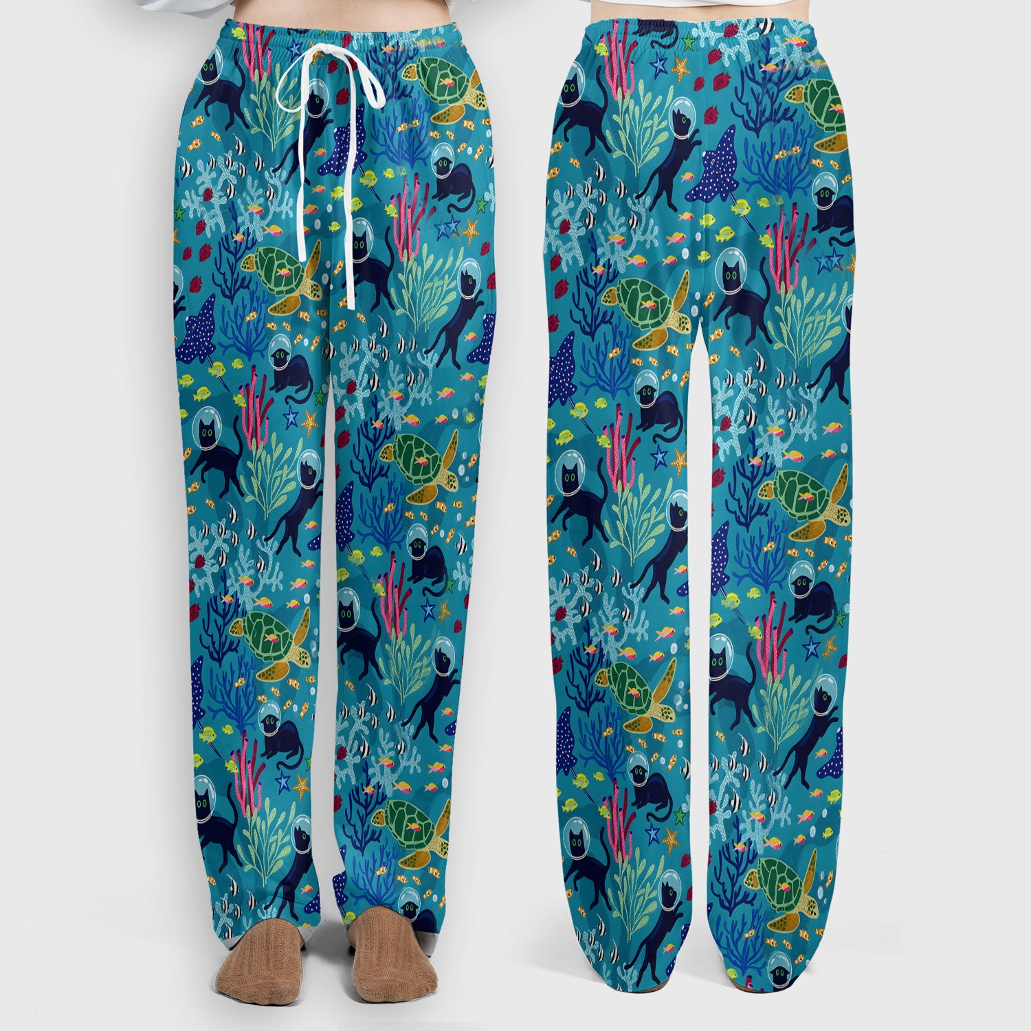 Underwater Cat Turtle Veterinary Pattern Scrub Set, Scrub Pants and V Neck Top