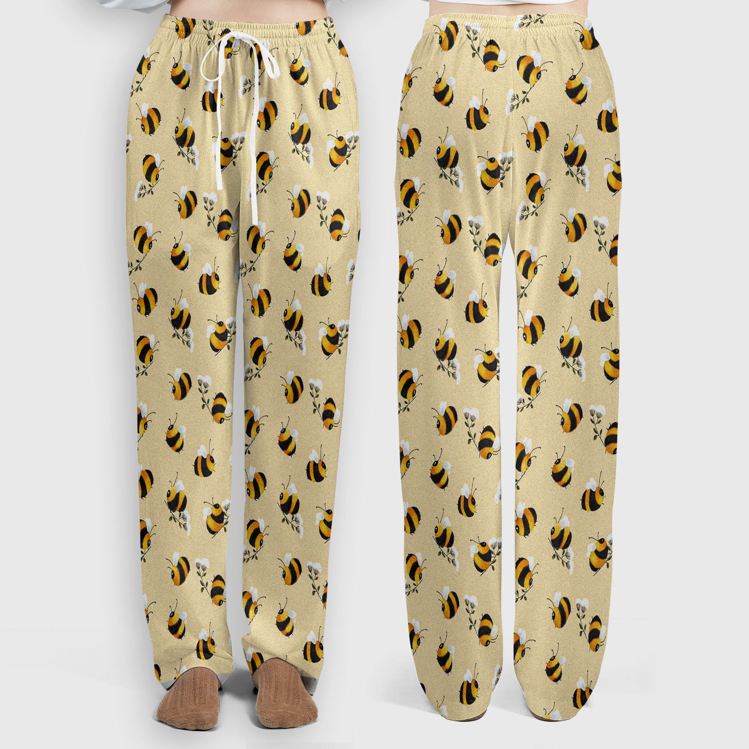 Cute Bumble Bee Blossom Pattern Scrub Set, Scrub Pants and V Neck Top