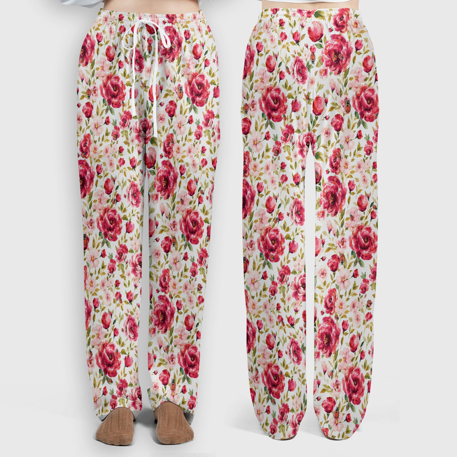 Pink Rose Ladybug Garden Pattern Scrub Set, Scrub Pants and V Neck Top