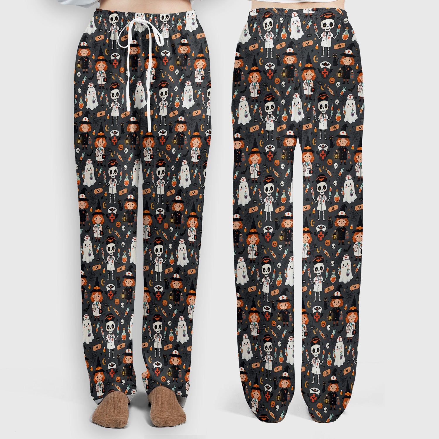 Halloween Witch And Skeleton Nurse Scrub Set, Scrub Pants and V Neck Top