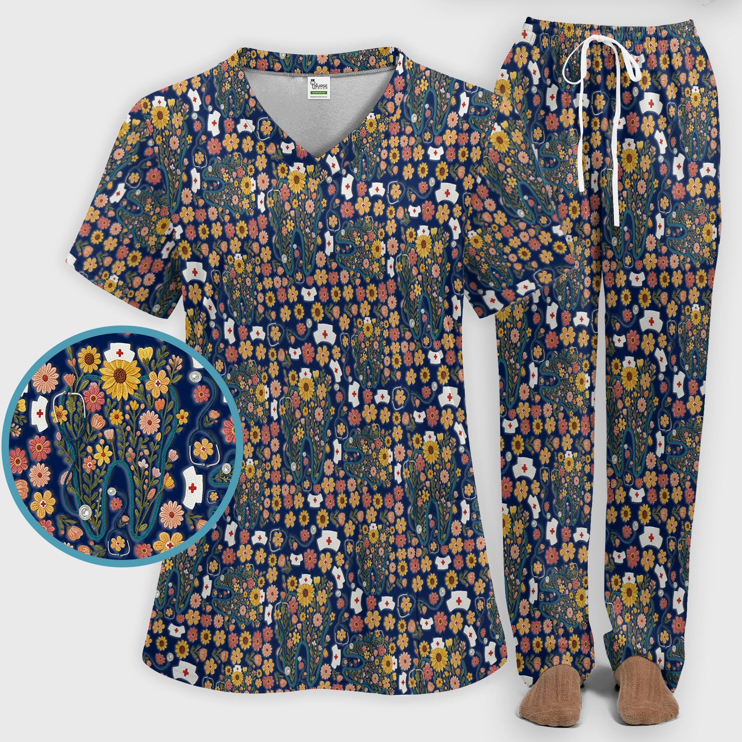 Boho Floral Tooth Scrub Set - Aesthetic Dental Scrubs Pants and V Neck - Cute Flower Tooth Medical Uniform - Hygienist Christmas Gift