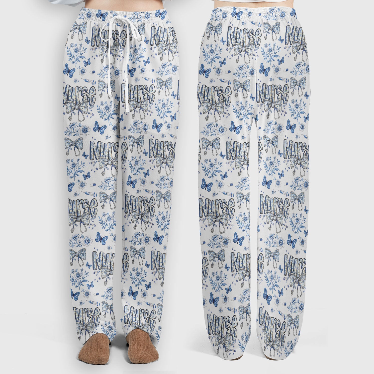 Blue Nurse Bow Butterfly Floral Pattern Scrub Set,  Breathable Med Uniform