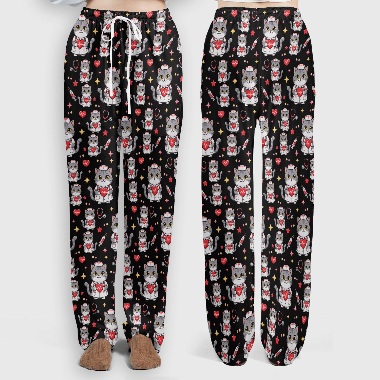 Cute Nurse Cat Heart Medical Print Scrub Set, Scrub Pants and V Neck Top