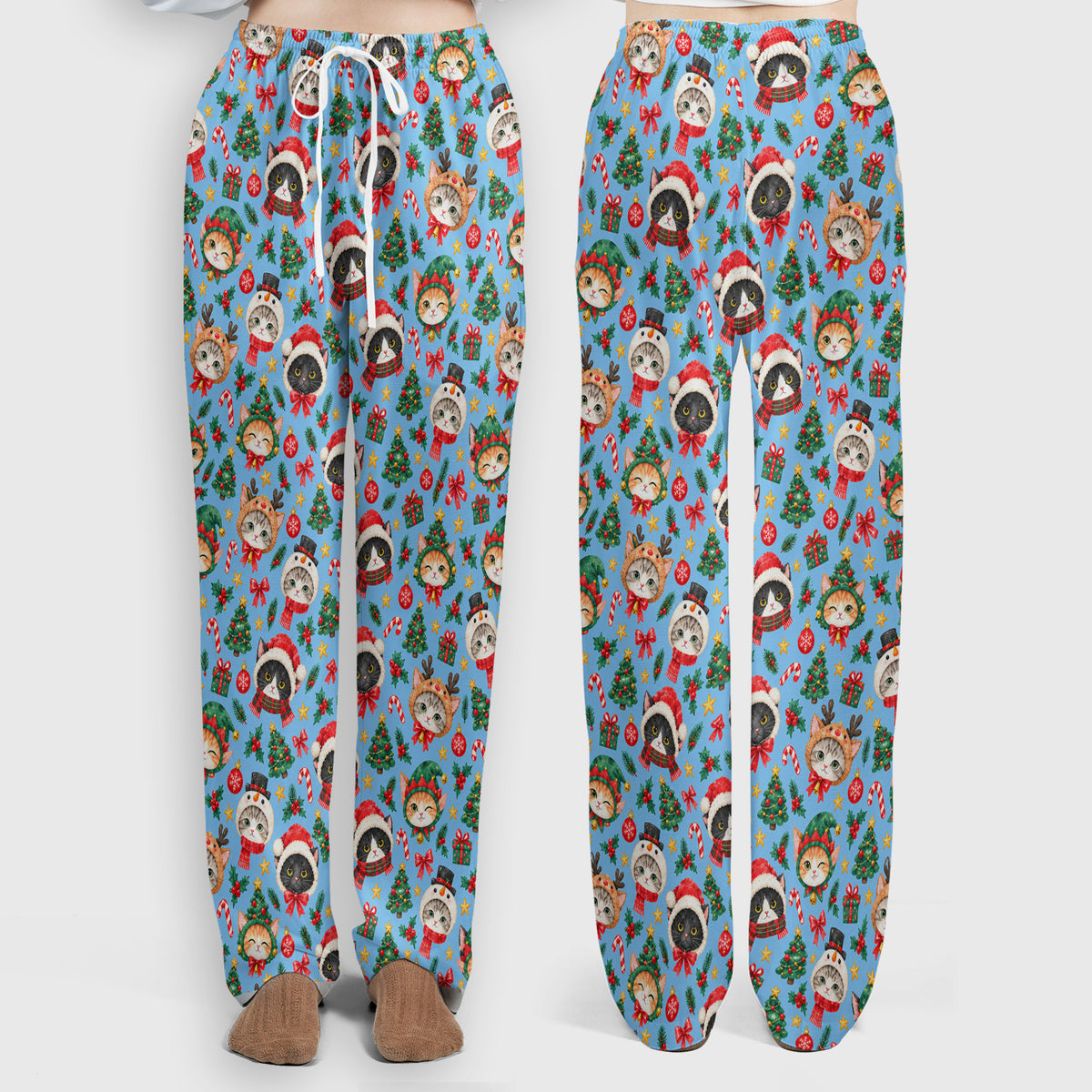 Christmas Cats And Trees Pattern Scrub Set, Scrub Pants and V Neck Top