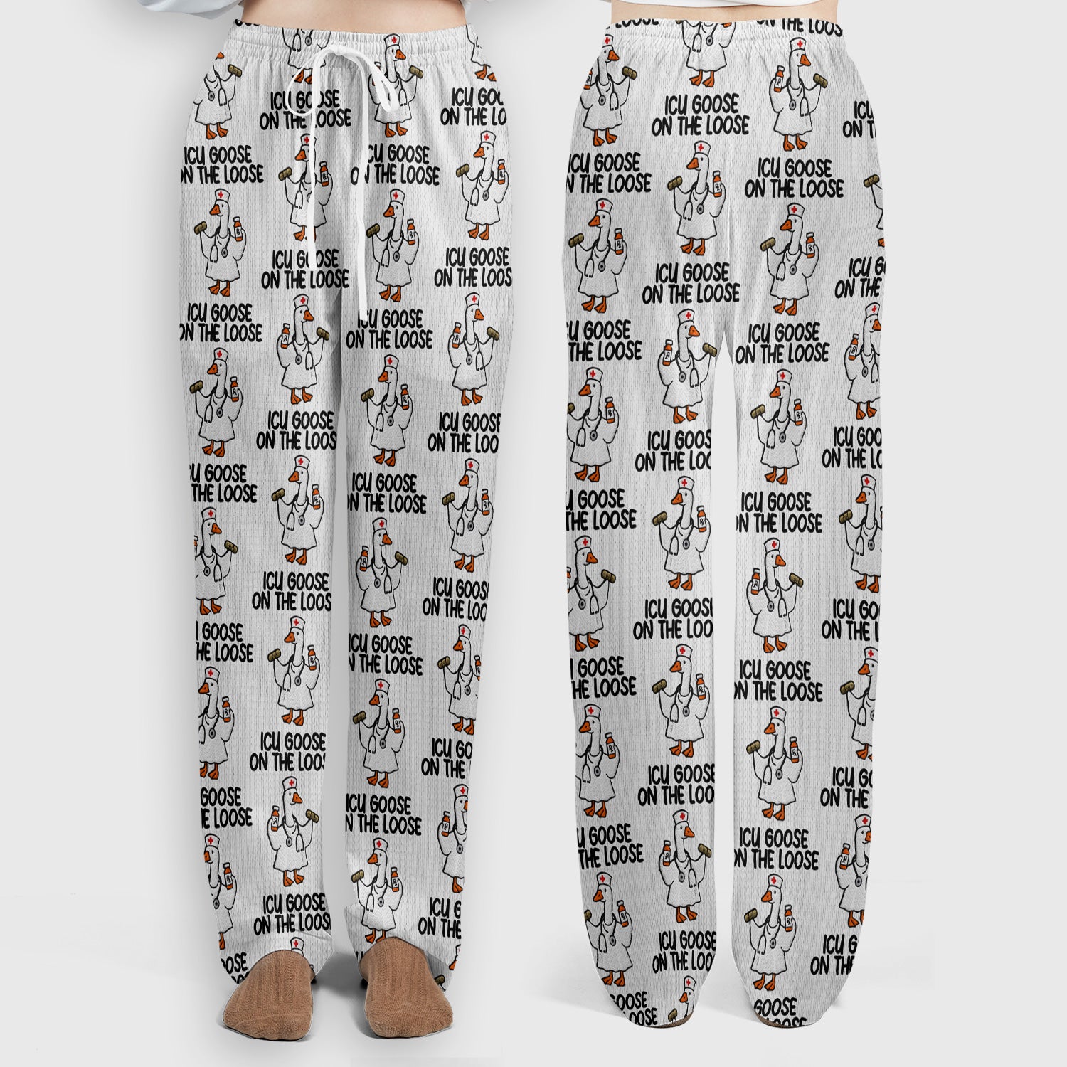 Funny ICU Goose On The Loose Nurse Pattern Scrub Set, Scrub Pants and V Neck Top