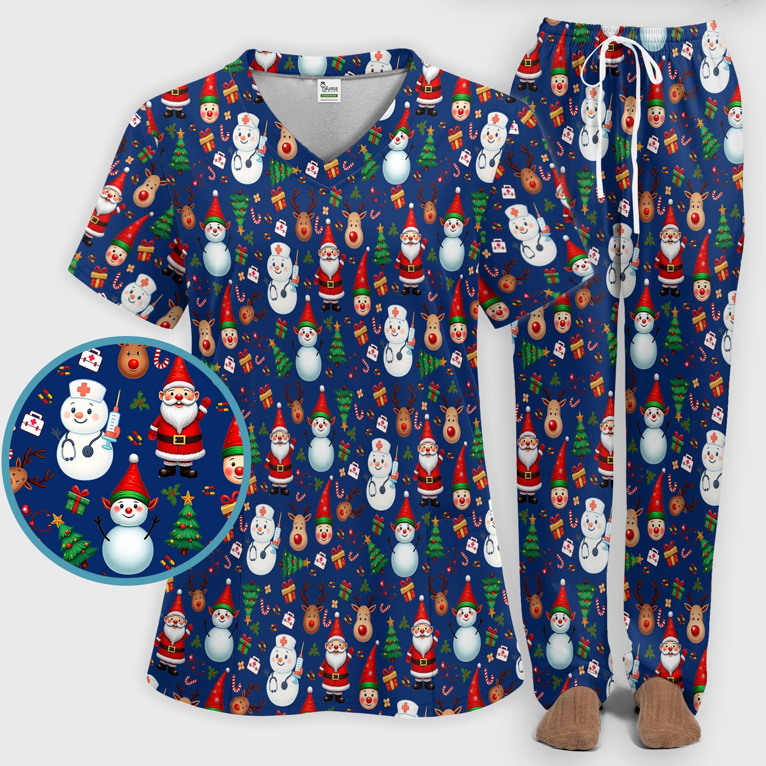 Christmas Nurse Scrub Set - Cute Snowman Santa Reindeer Pattern Medical Uniform - Festive Holiday Scrubs Pants and V Neck Top