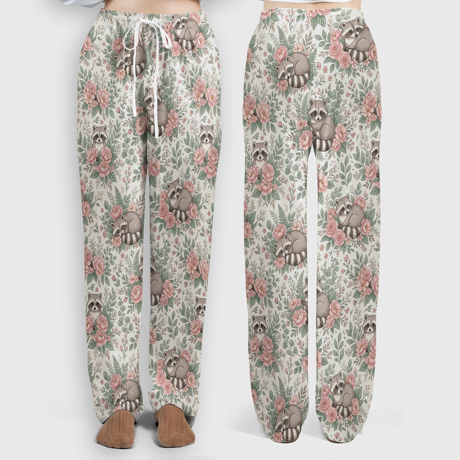 Sleeping Raccoon Rose Garden Pattern Scrub Set, Scrub Pants and V Neck Top
