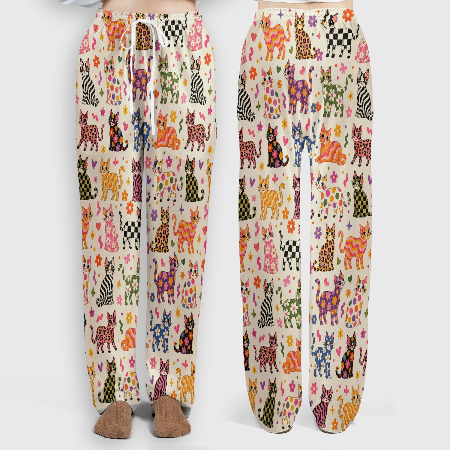 Colorful Cat with Floral Print Scrub Set, Scrub Pants and V Neck Top