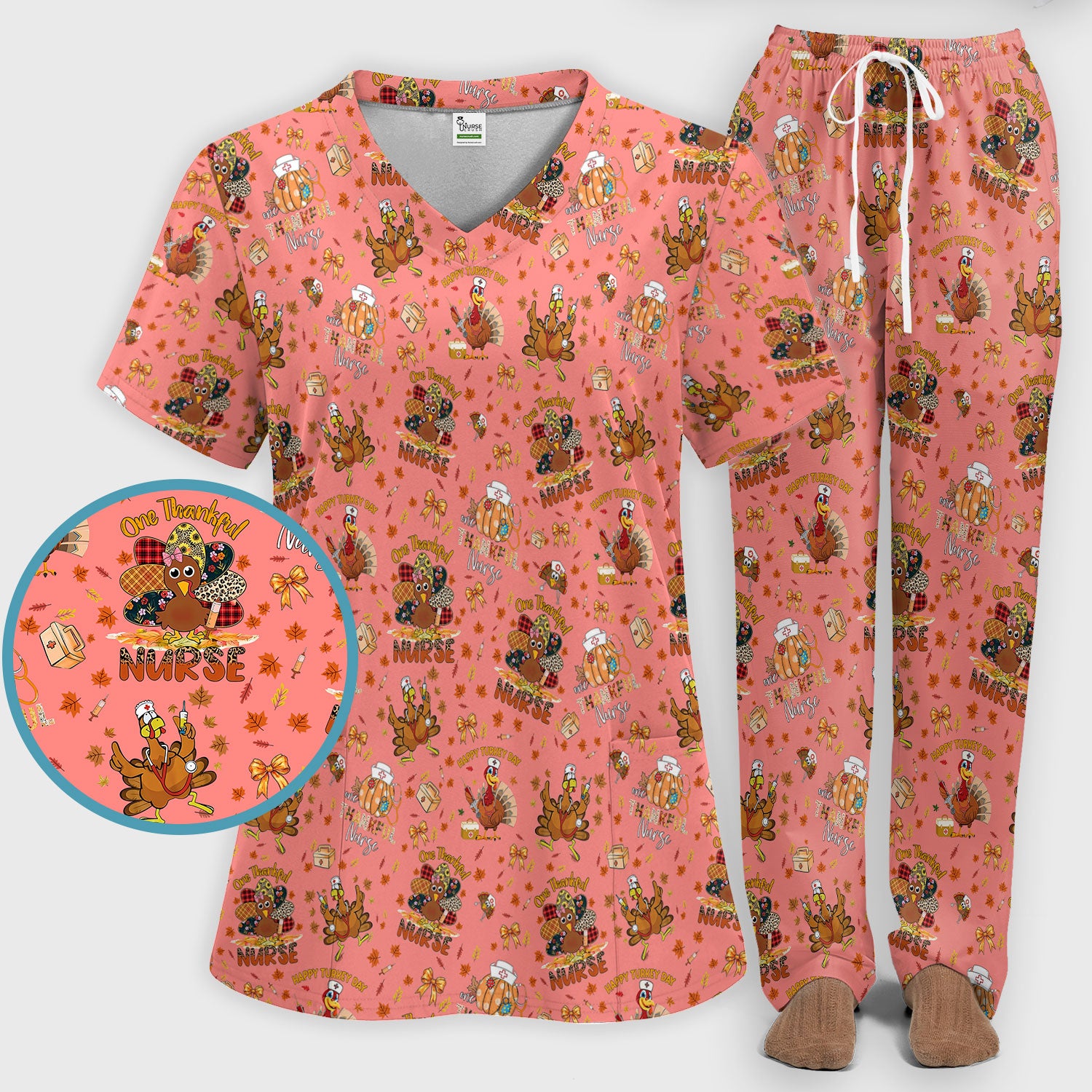 Thanksgiving Scrub Set for Women - Turkey Pumpkin Scrub Top and Pants for Nurses - Fall Med Uniform for RN CNA LPN