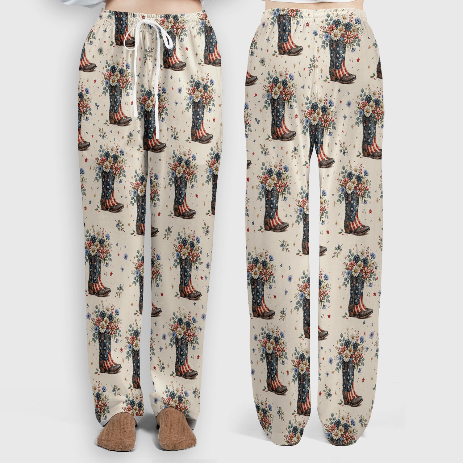 Festive Patriotic Cowboy Boots Flower Pattern Scrub Set, Scrub Pants and V Neck Top