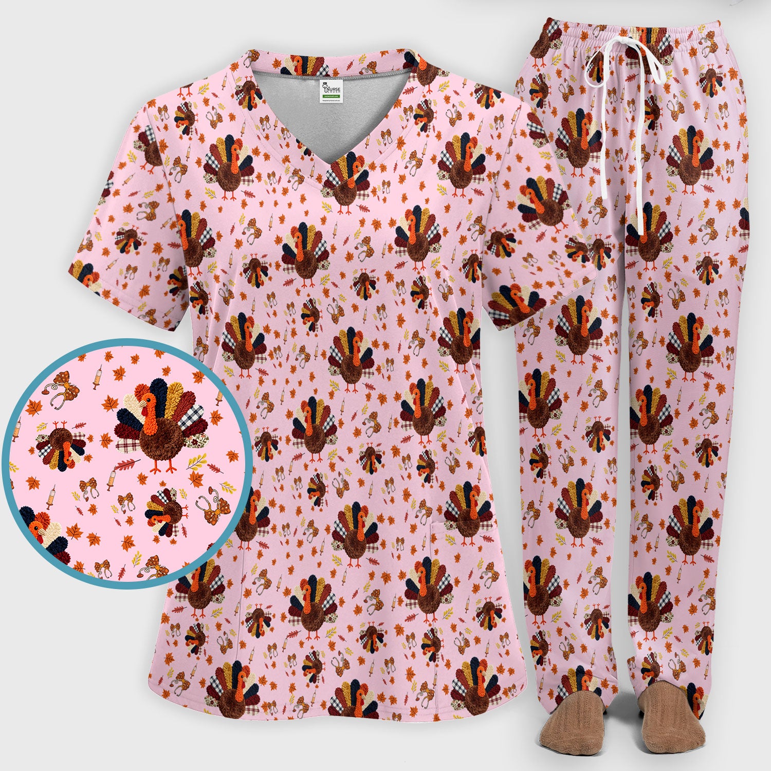 Funny Thanksgiving Nurse Scrub Sets - Fall Leaves and Pumpkin Scrub Pants and V Neck Top - Autumn Turkey Med Uniform
