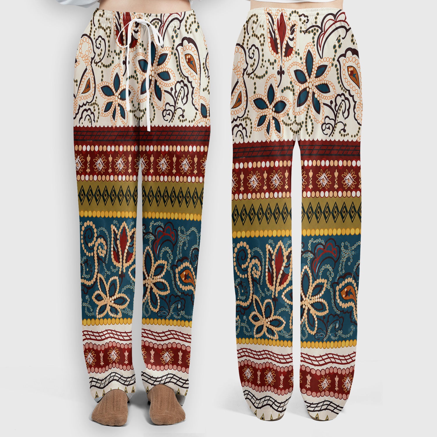 Boho Paisley Floral Stripe Pattern Scrub Set, Scrub Pants and V Neck Top