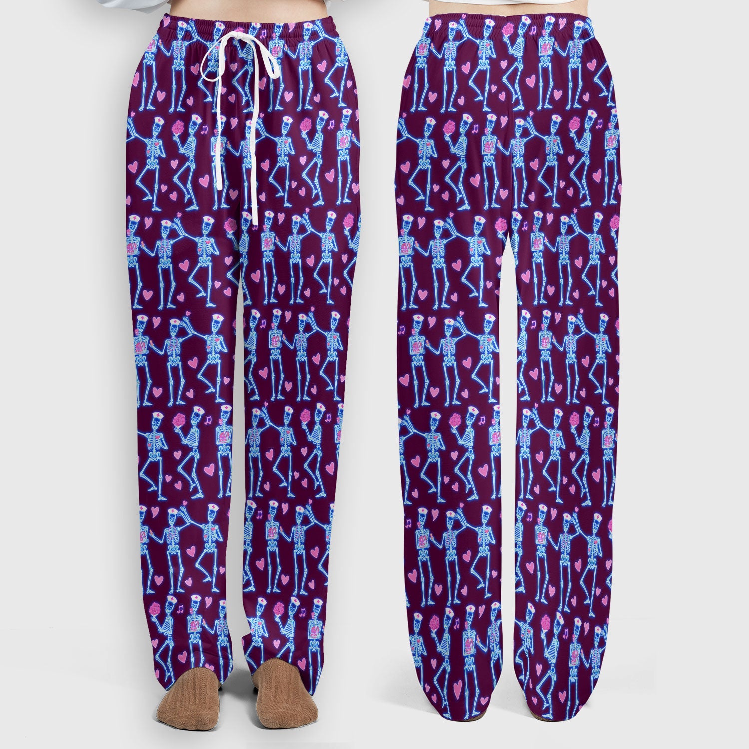 Skeleton Nurse Heart Pattern Scrub Sets, Playful Nurse Style, Scrub Pants and V Neck Top