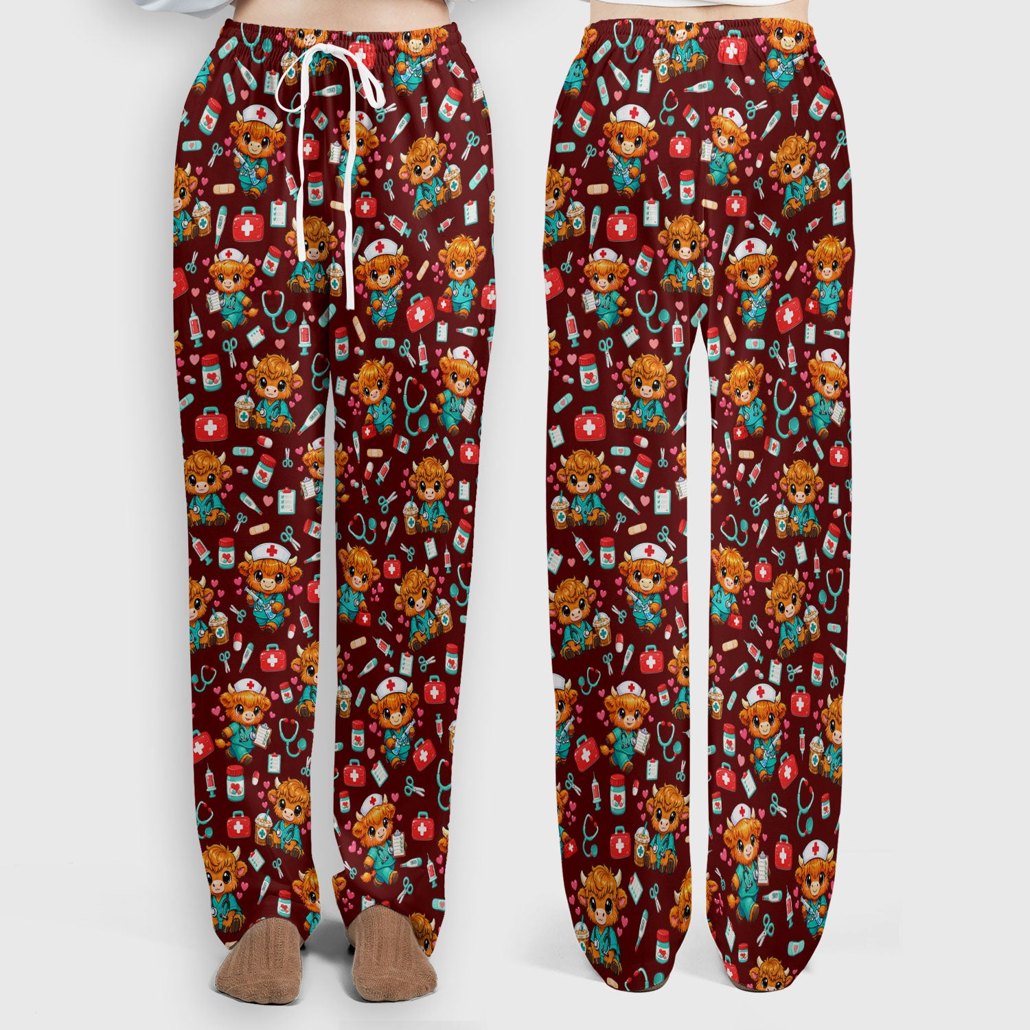 Cute Highland Cow Nurse Scrub Set, Kawaii Medical Pattern Shirt, Breathable Fabrics Nursing Uniform