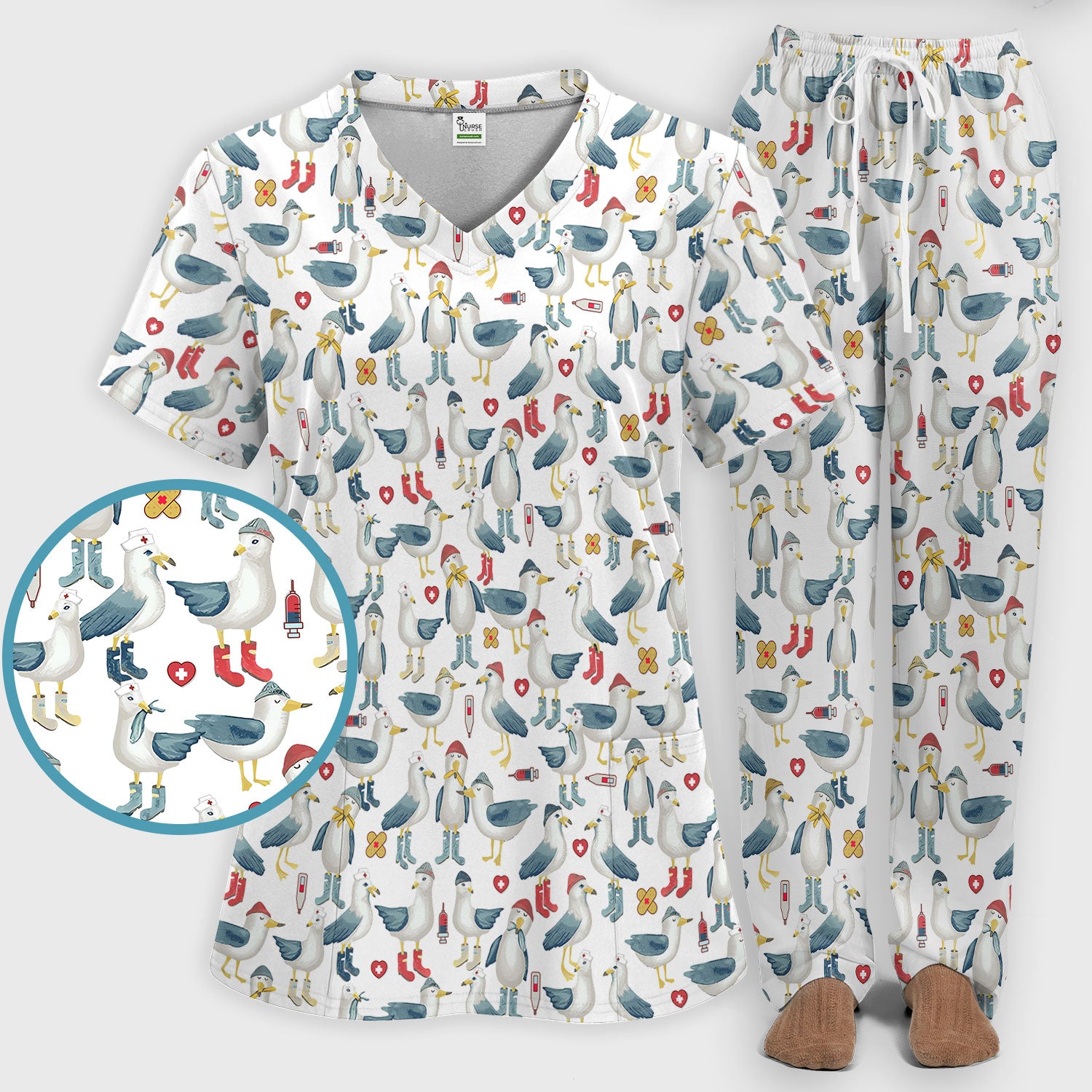 Seagull Scrub Set for Nurses - Adorable Birds Medical Uniform - Funny Scrubs Pants and V Neck Top for RN CNA LPN