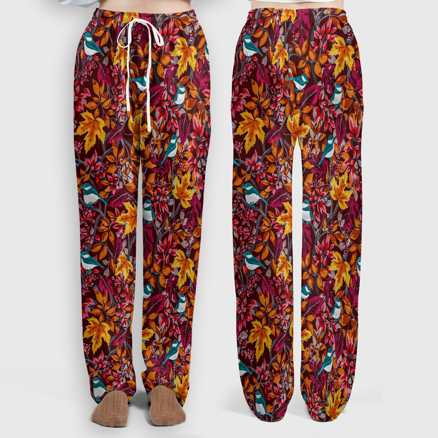 Autumn Leaves Blue Bird Pattern Print Set, Women's Scrub Sets