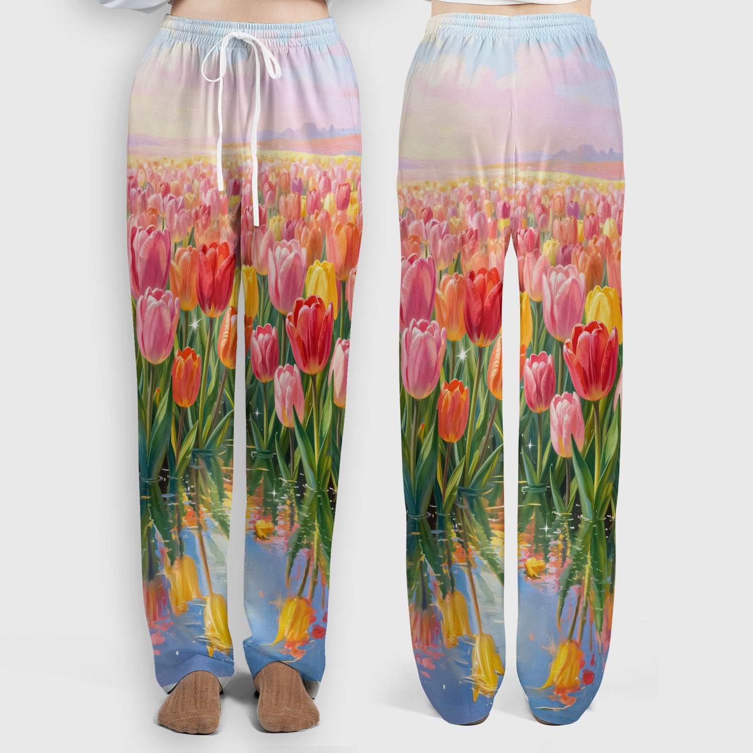 Sleeping Black Cat In Tulip Flower Field Scrub Set, Scrub Pants and V Neck Top