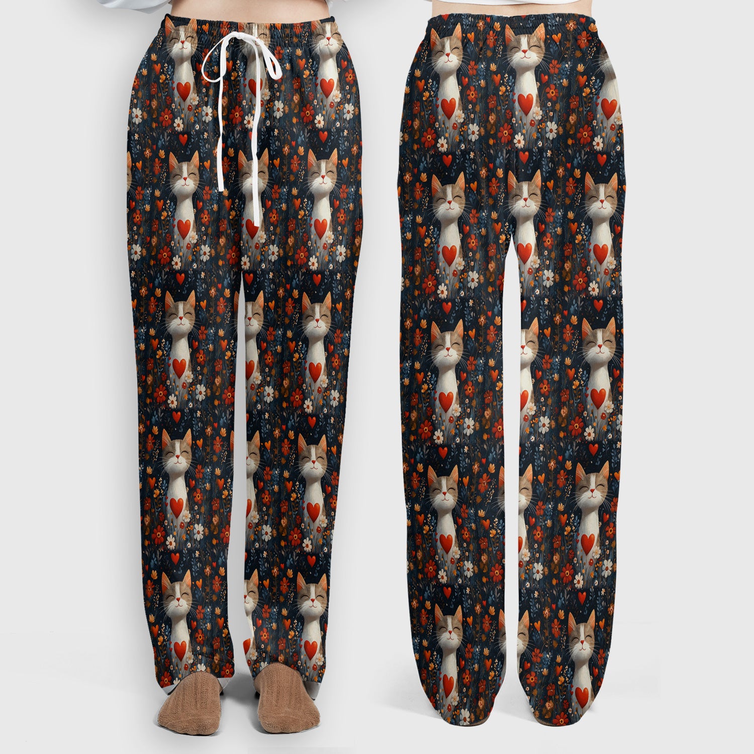 Cat Heart Floral Garden Pattern Scrub Set, Scrub Pants and V Neck Top