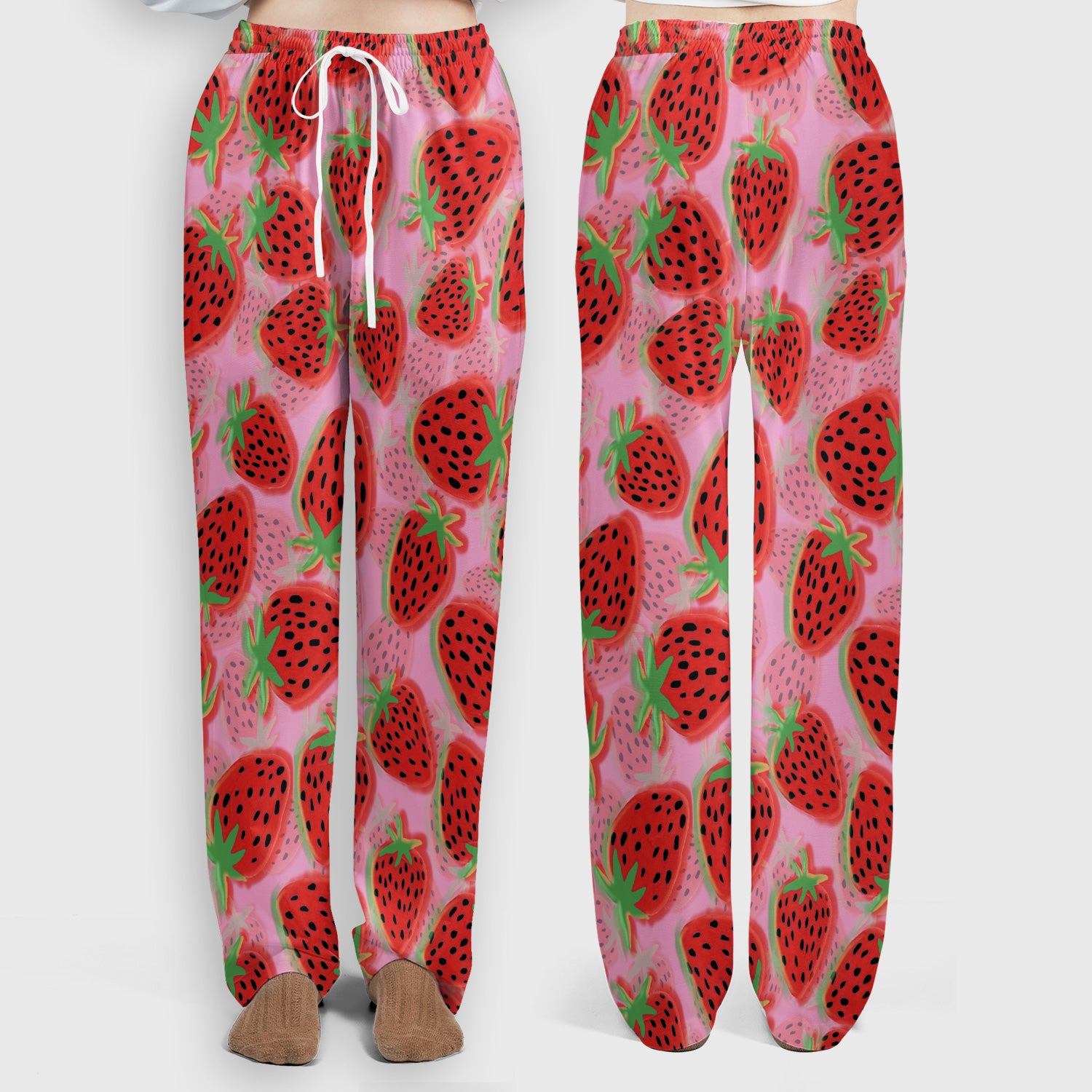 Pink Strawberry Pattern Scrub Set, Scrub Pants and V Neck Top