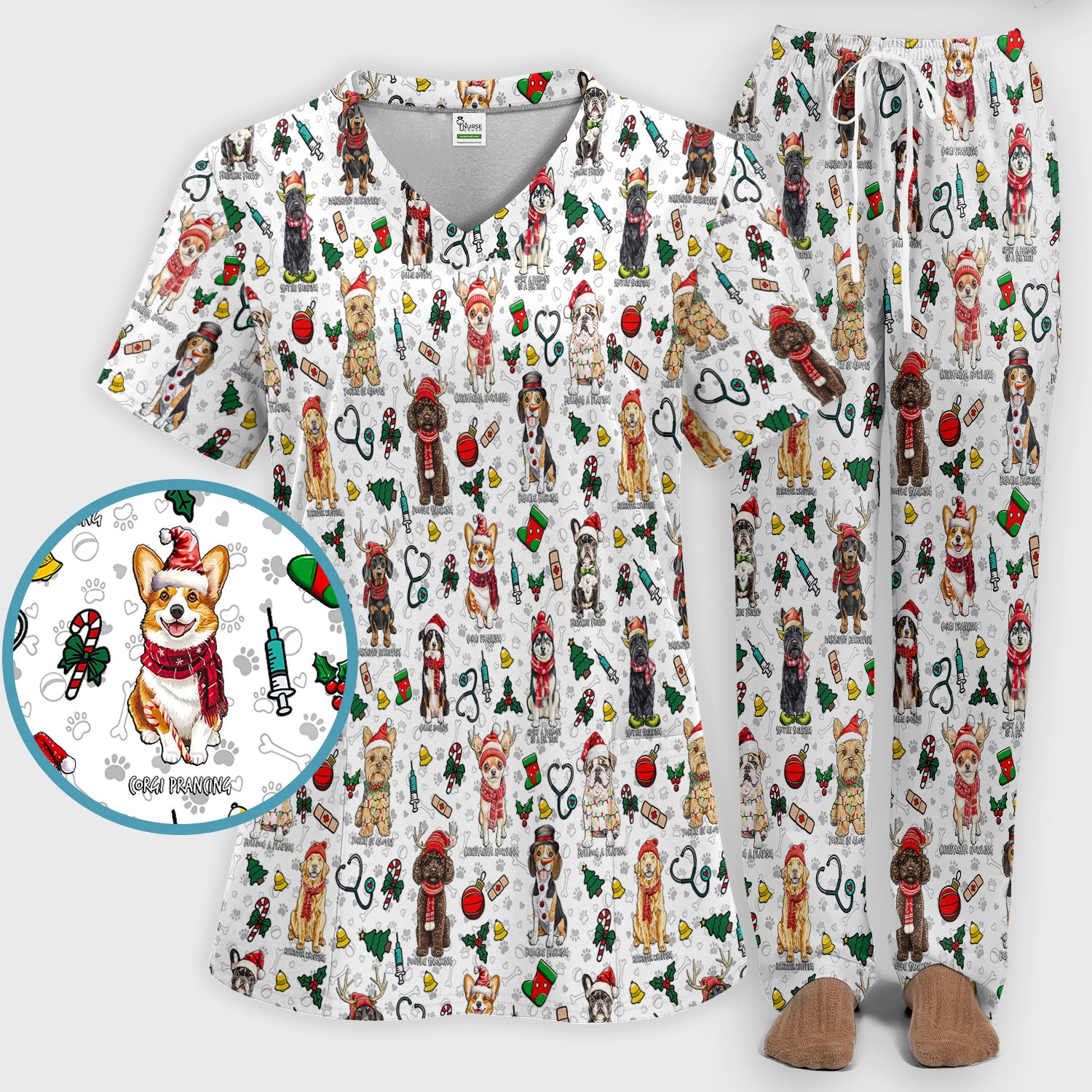 Cute Christmas Dog Scrubs Sets for Nurses - Corgi, Dachshund, Husky, Poodle & Labrador - Funny Holiday Medical Uniform for RN CNA LPN