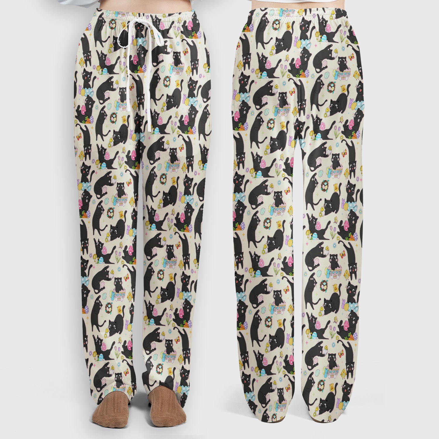 Playful Black Cat Easter Egg Pattern Scrub Set, Scrub Pants and V Neck Top