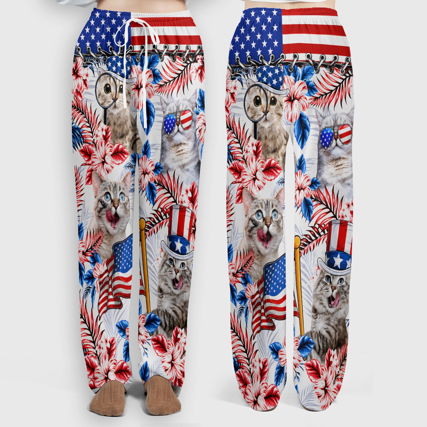 Patriotic Cat with USA Flag Scrub Set, Scrub Pants and V Neck Top