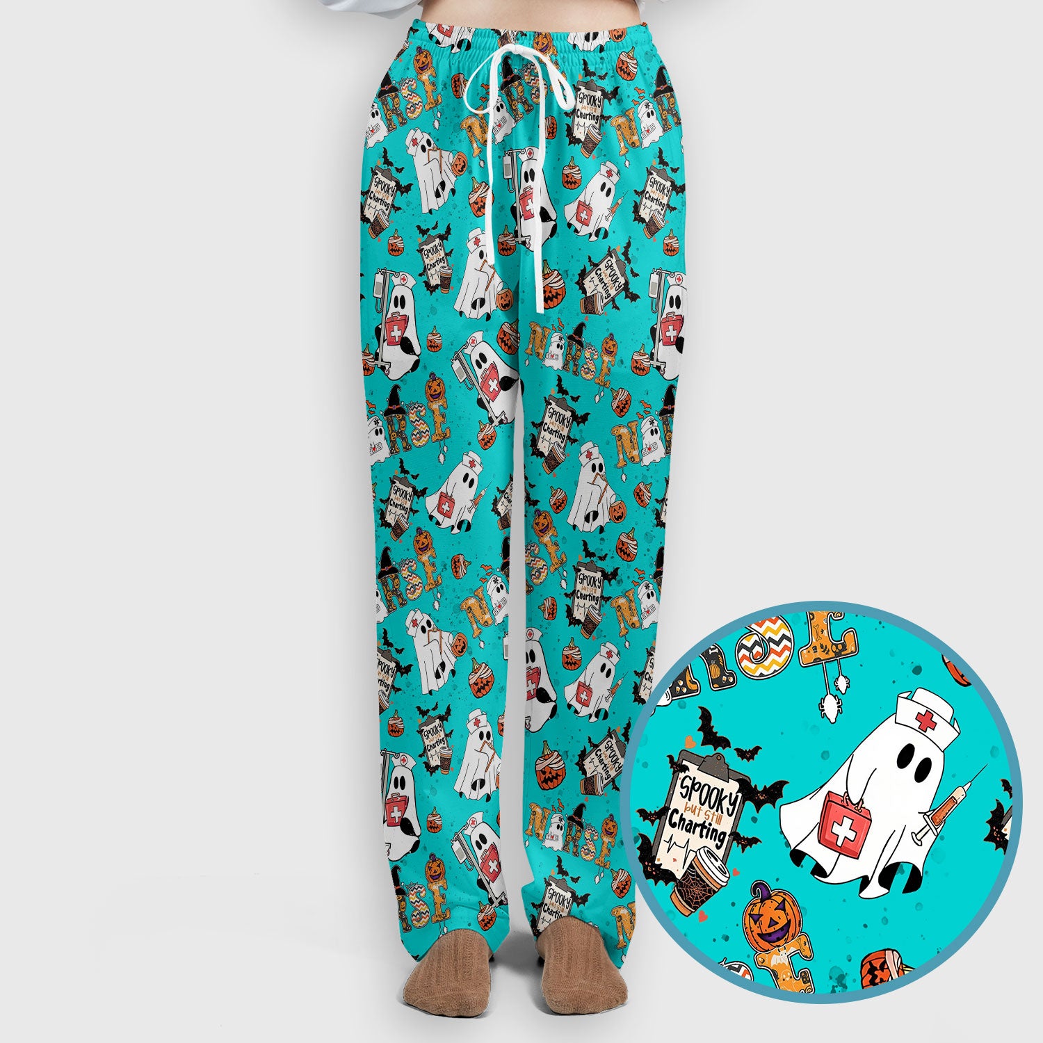Halloween Women's Scrub Sets - Spooky But Still Charting - Funny Scrubs for Nurses - Horror Pumpkin Scrub Pants and V Neck Top