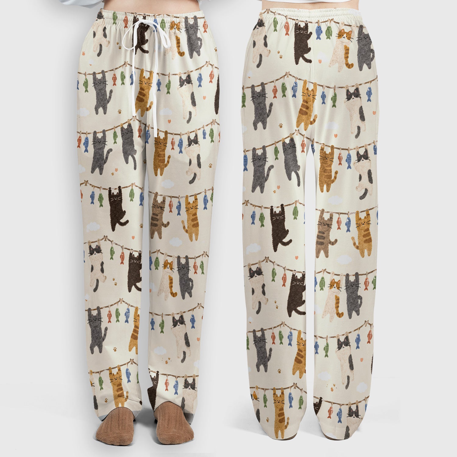 Cute Hanging Cat Fishline Pattern Scrub Set, Scrub Pants and V Neck Top