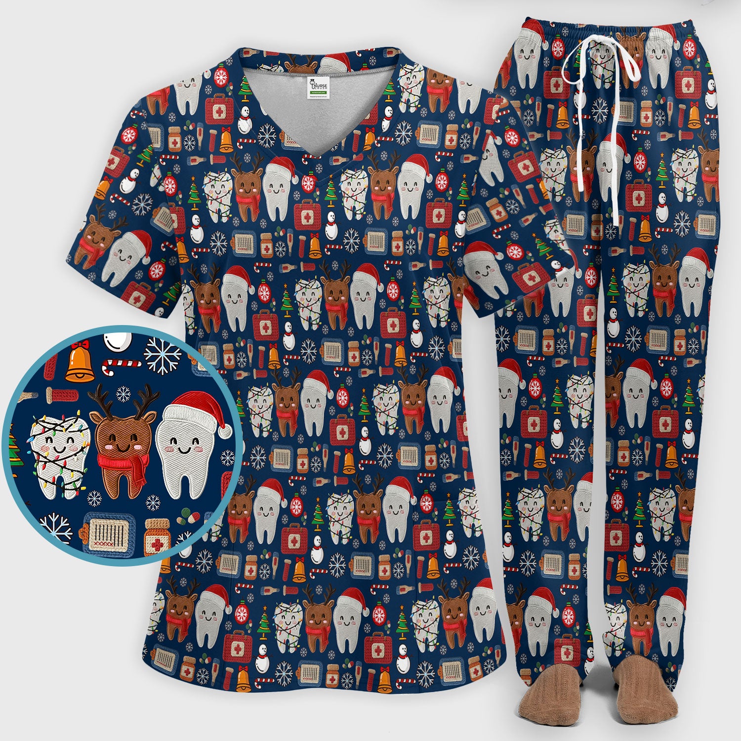 Christmas Dental Scrub Set - Cute Santa & Reindeer Tooth Pants and V Neck Top - Funny Gift for Dentists, Hygienists, Nurses