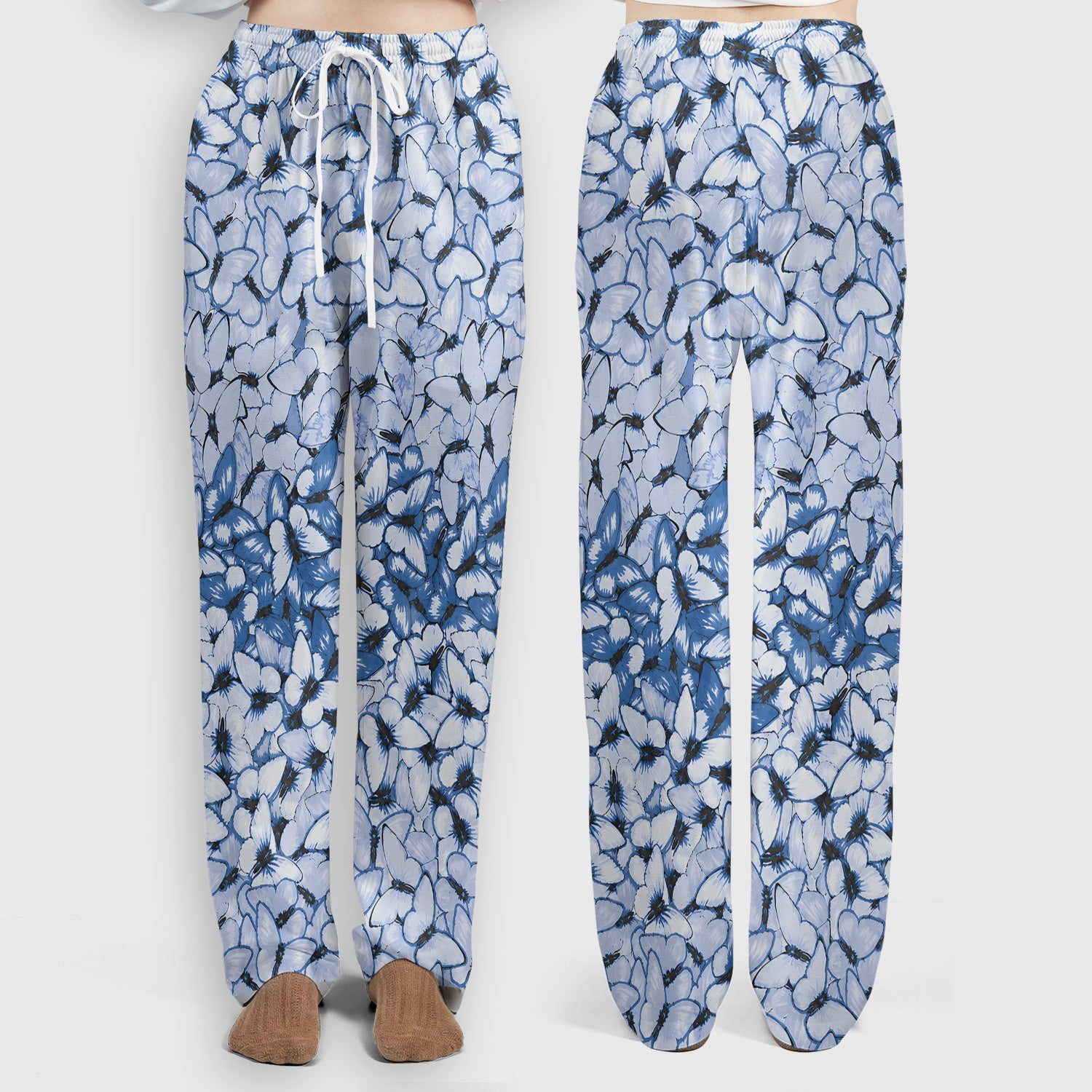 Blue Butterfly Floral Pattern Scrub Set, Scrub Pants and V Neck Top