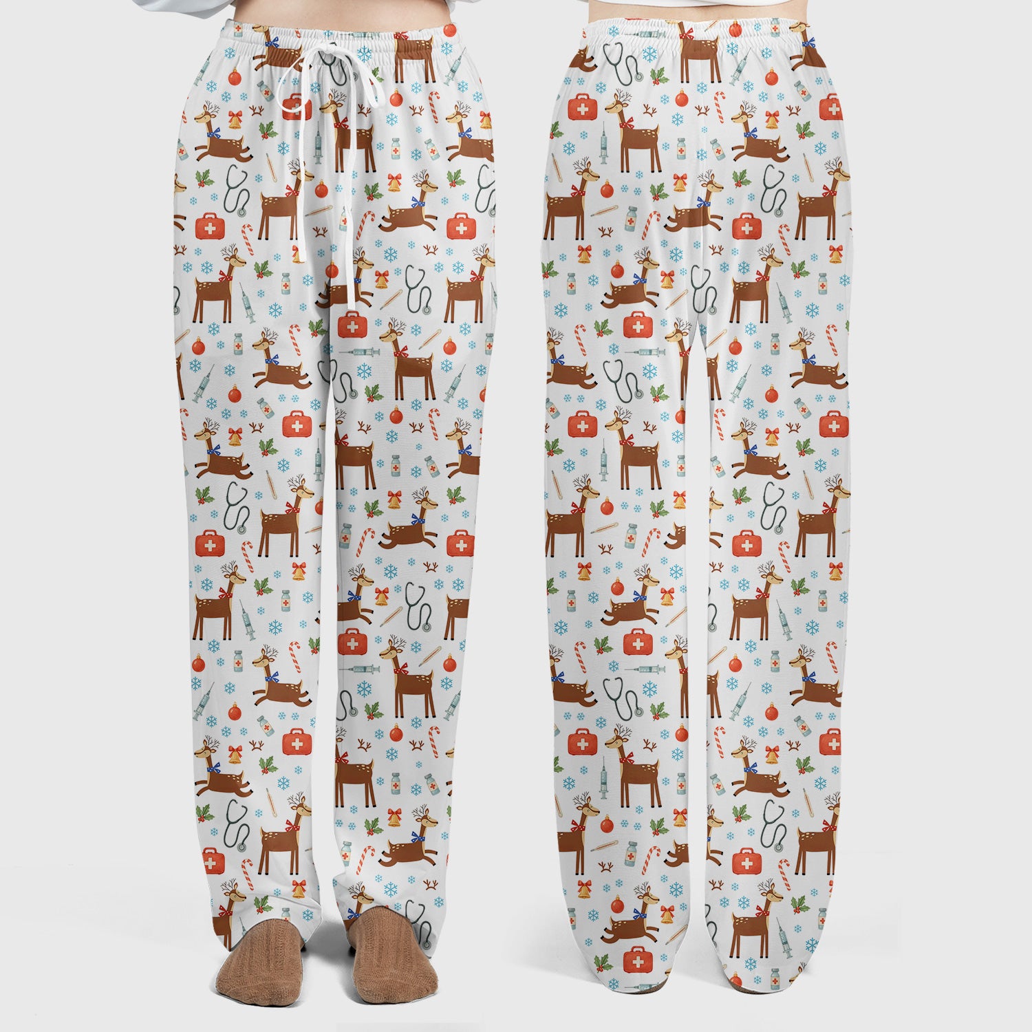 Christmas Reindeer Scrub Set for Nurses - Cute Reindeers Snowflakes Candy Canes - Comfortable Med Uniform