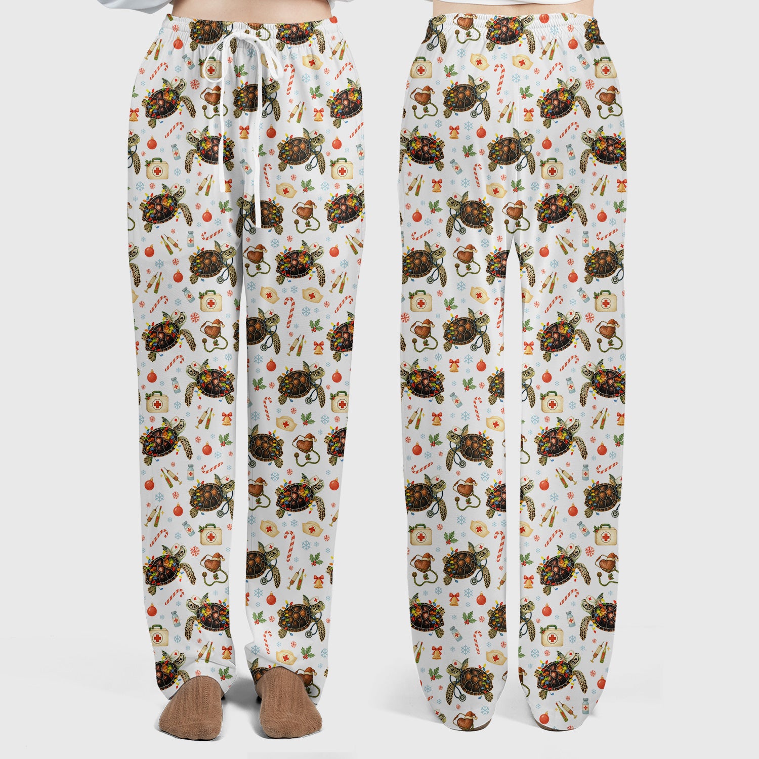 Funny Christmas Scrub Set - Sea Turtle with Xmas Lights Scrubs Pants and V Neck Top - Holiday Nurse Med Uniform for Women