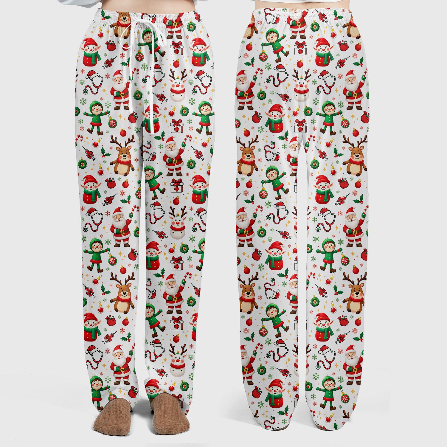 Christmas Comfortable Scrubs for Nurses - Cute Santa Reindeer Scrubs Pants and V Neck Top - Festive Holiday Med Uniform for Women