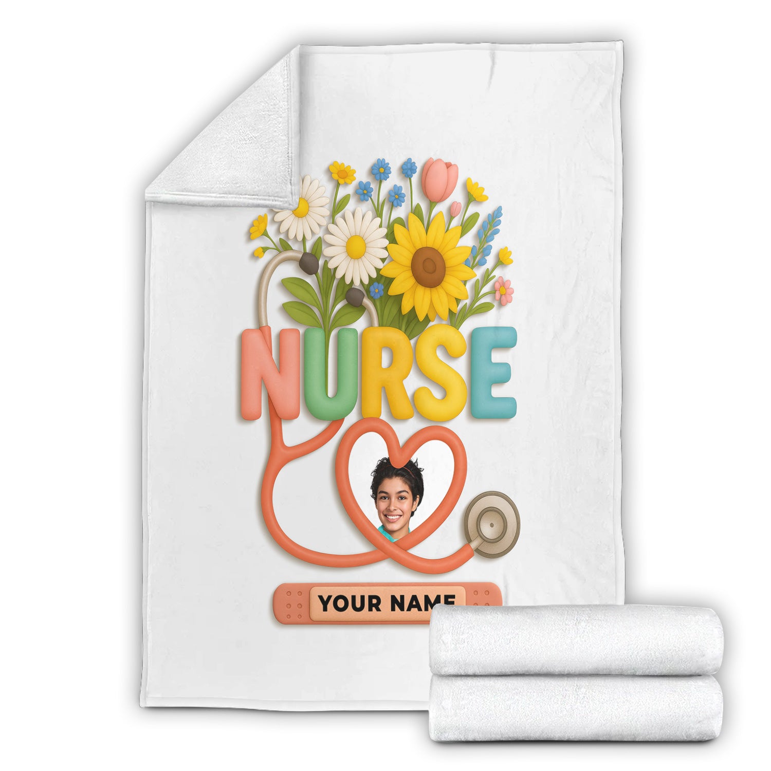 Personalized Nurse Floral Graduation Blanket - Custom Photo & Name with Stethoscope for RN LPN CNA Gift - Multiple Color Options Available Keepsake