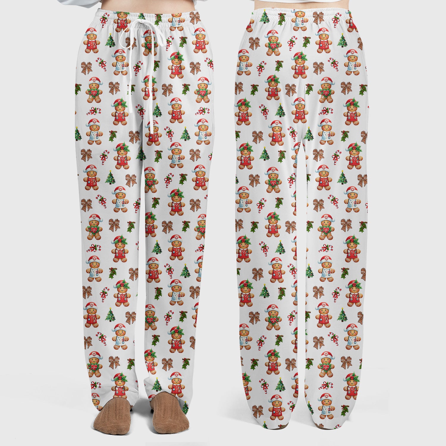 Funny Christmas Scrub Set for Nurse - Adorable Gingerbread Candy Cane Bow- Festive Medical Uniform for Women