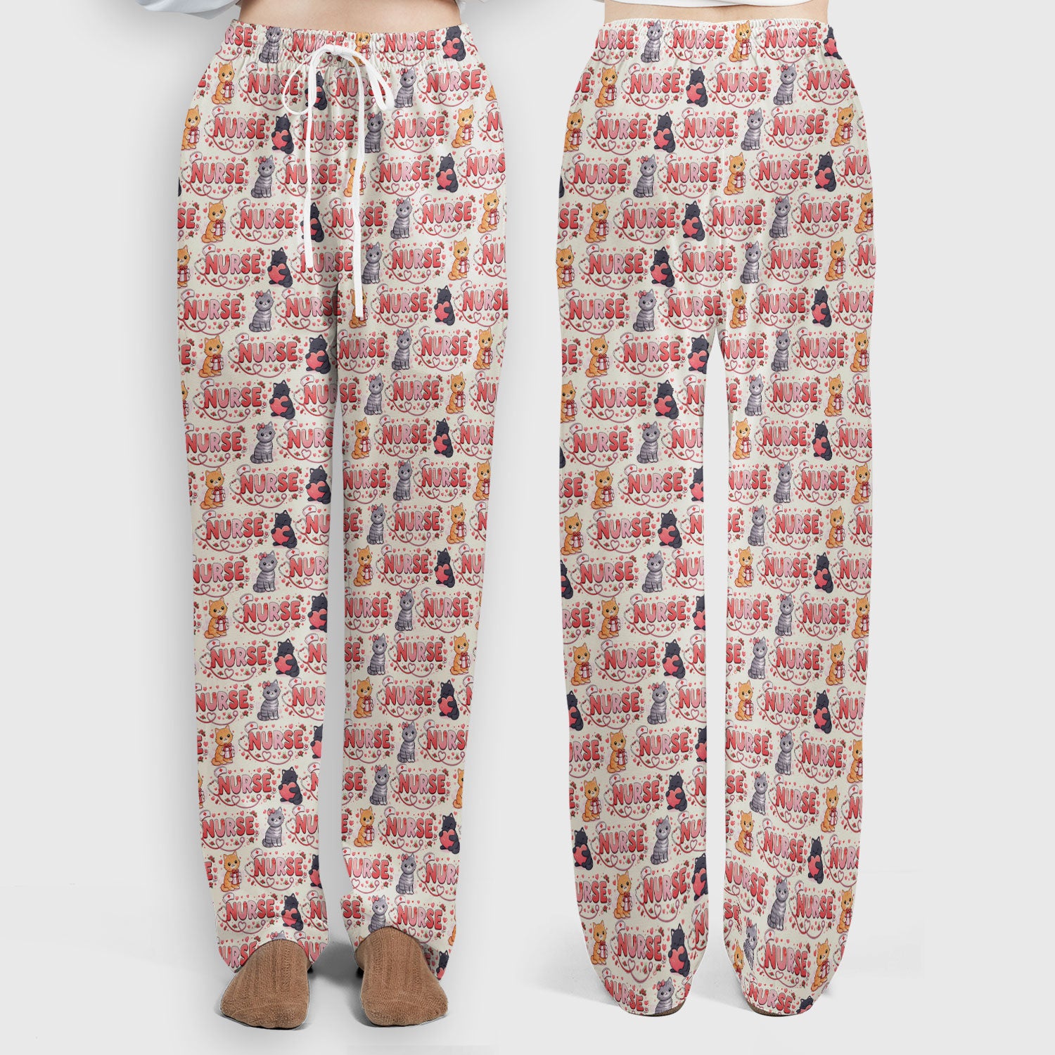 Nurse Cat Heart Pattern Valentine Scrub Set, Women's Scrub Sets V Neck Top