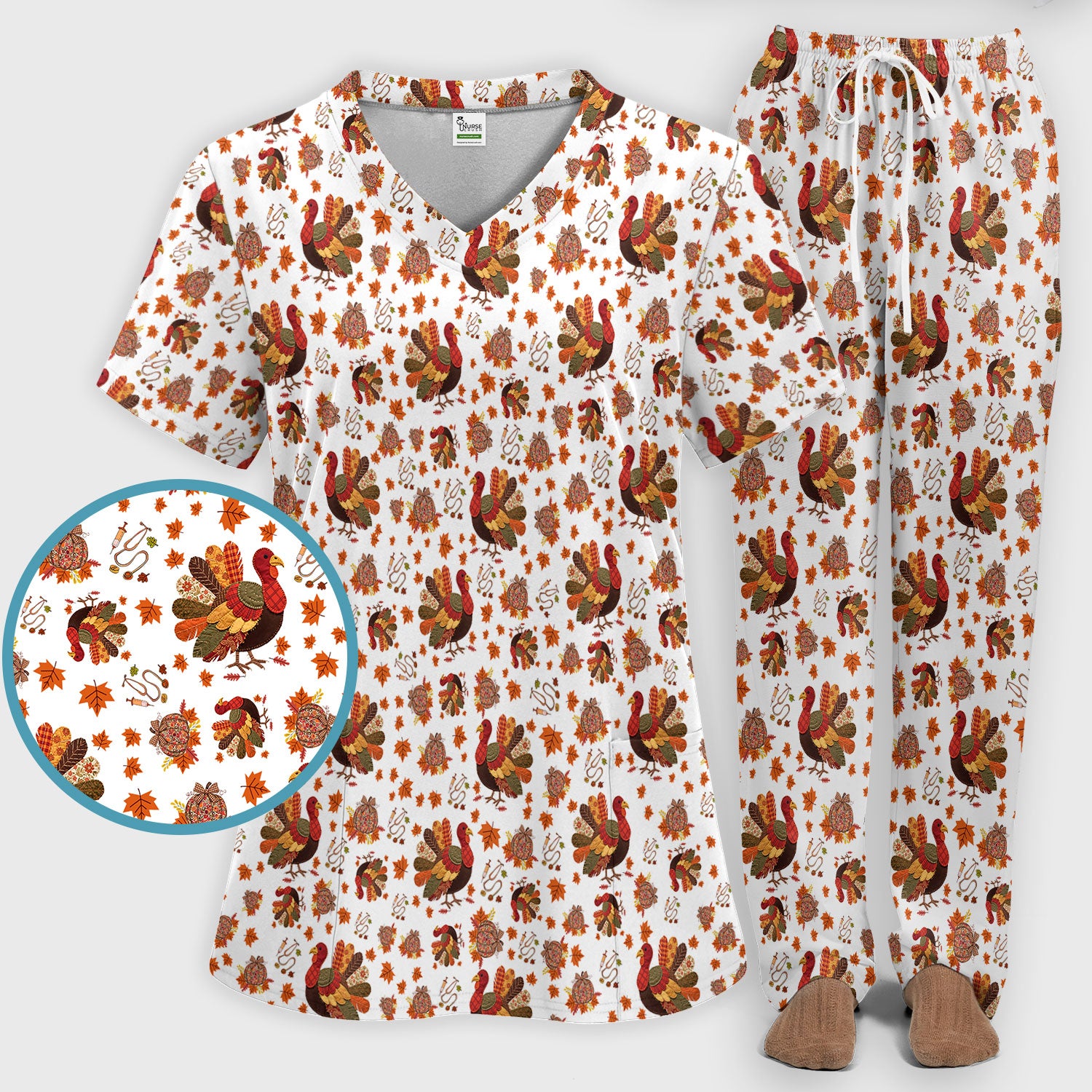 Thanksgiving Turkey Nurse Scrub Sets for Women - Fall Leaves Scrub Pants and V Neck Top - Autumn Nursing Uniform
