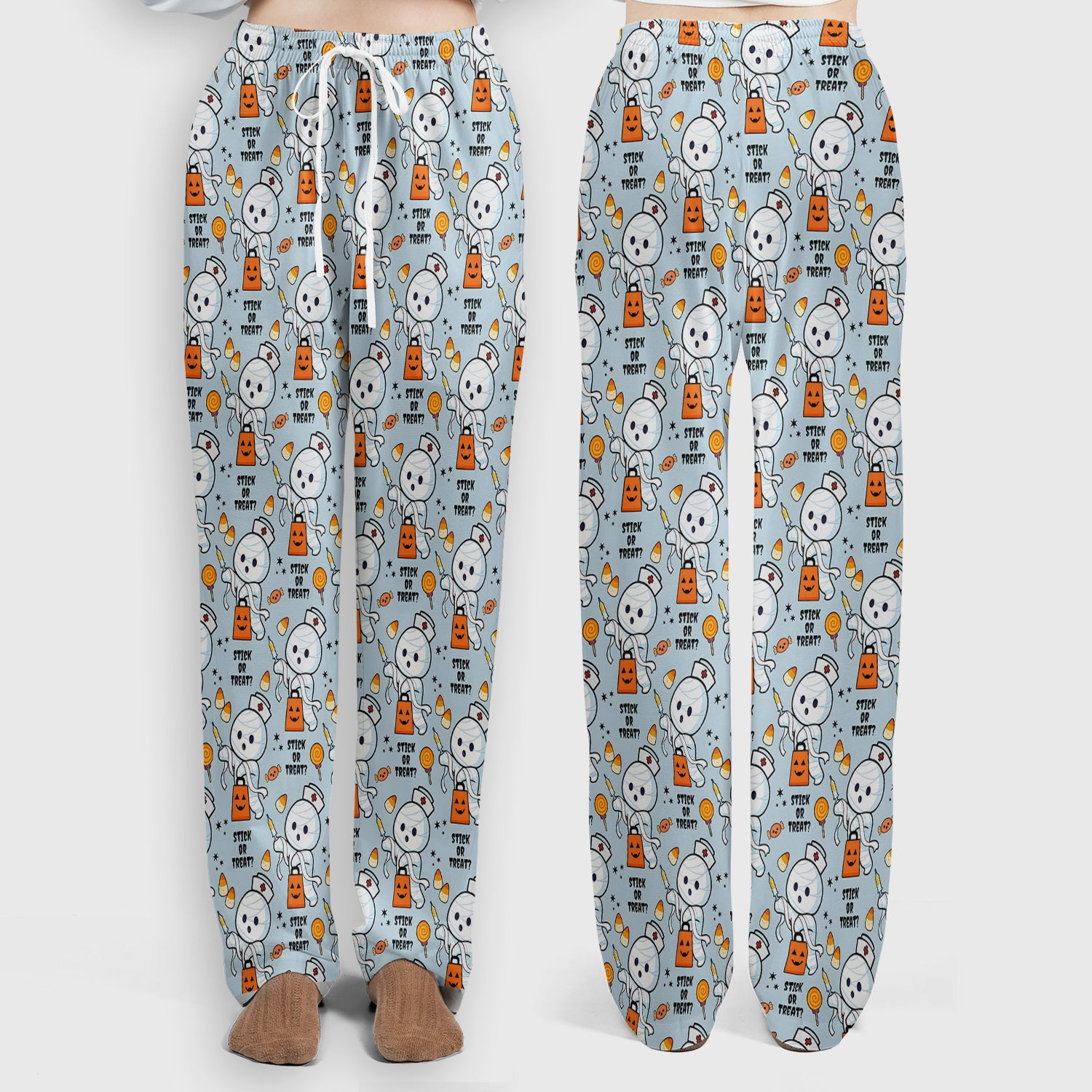 Funny Halloween Stick Or Treat Mummy Nurse Scrub Set, Scrub Pants and V Neck Top