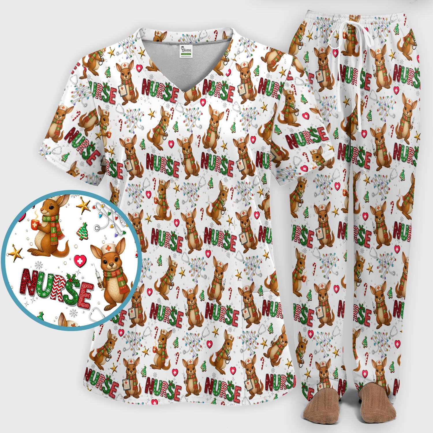 Aussie Kangaroo Christmas Scrub Set - Funny Holiday Nurse Shirt and Pants for Women - Cute Animal Medical Uniform