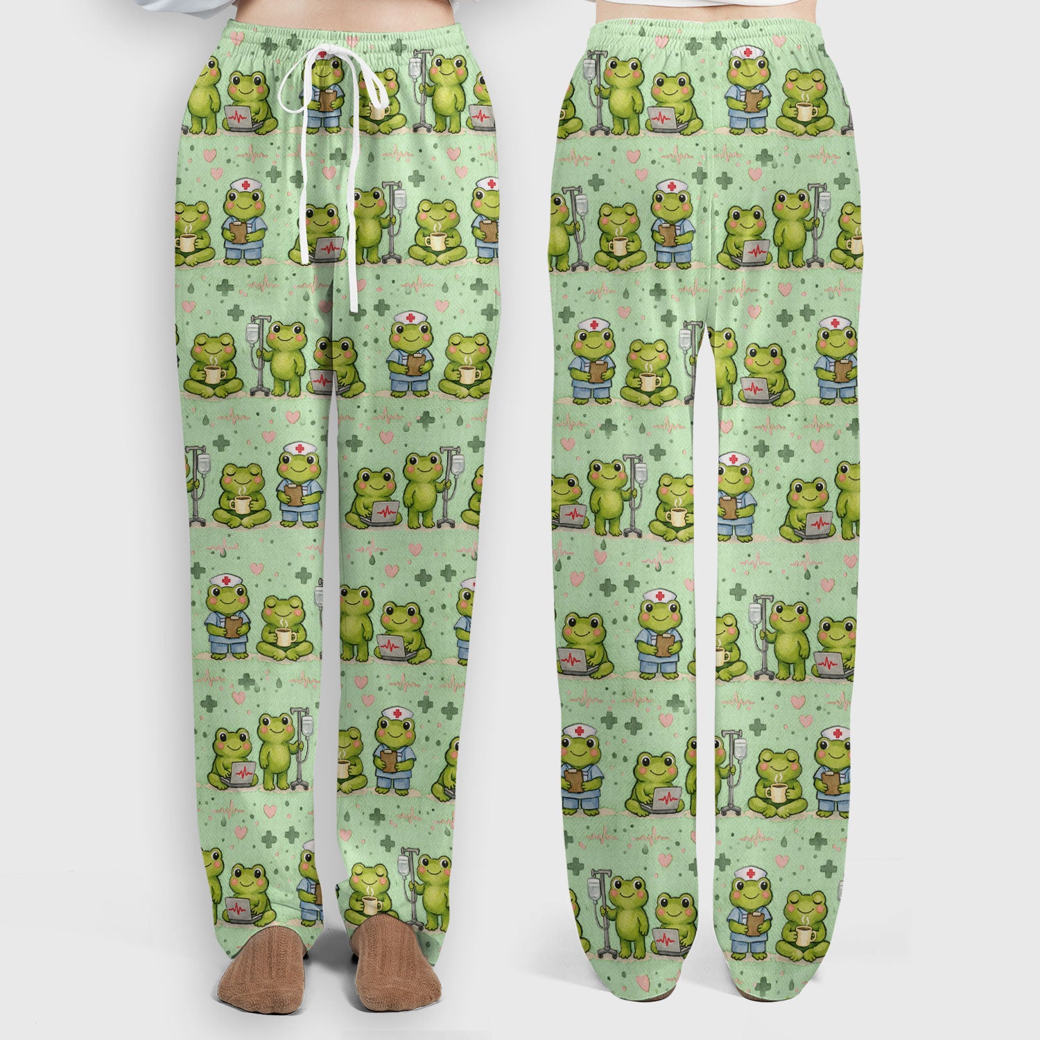 Adorable Frog Nurse Various Poses Print Scrub Set, Breathable Med Uniform