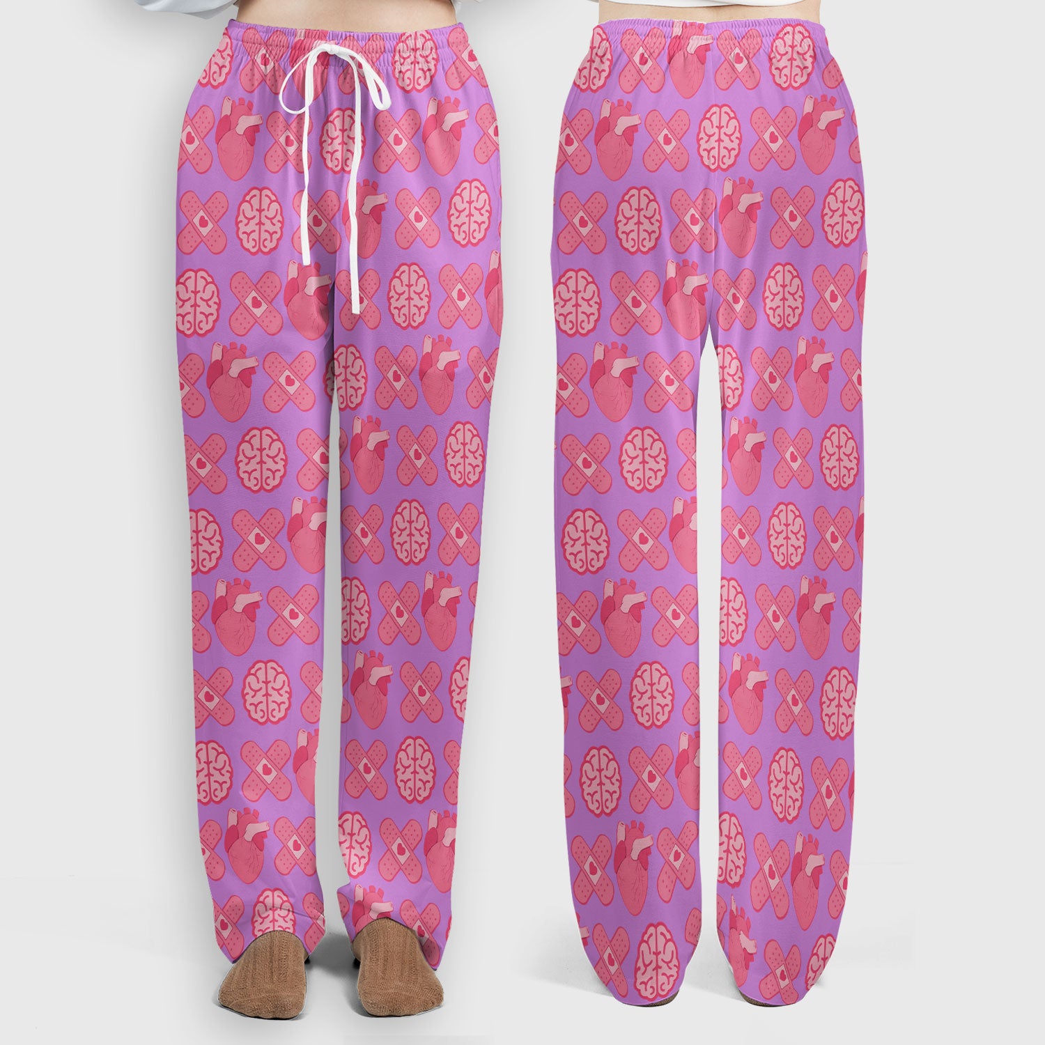 Heart & Brain Medical Icon Pattern Scrub Set, Scrub Pants and V Neck Top