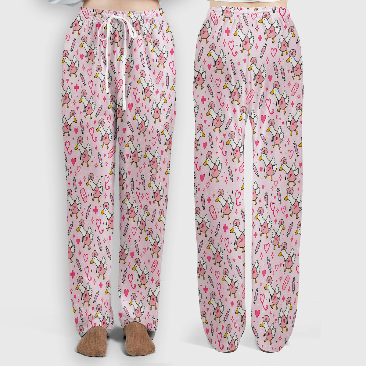 Pink Nurse Goose And Hearts Scrub Set, Scrub Pants and V Neck Top