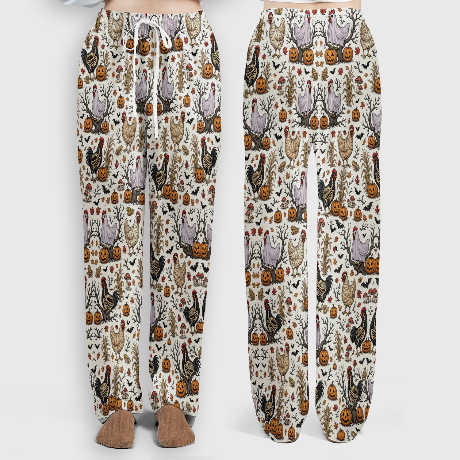 Halloween Skeleton Chickens Pattern Scrub Set, Scrub Pants and V Neck Top